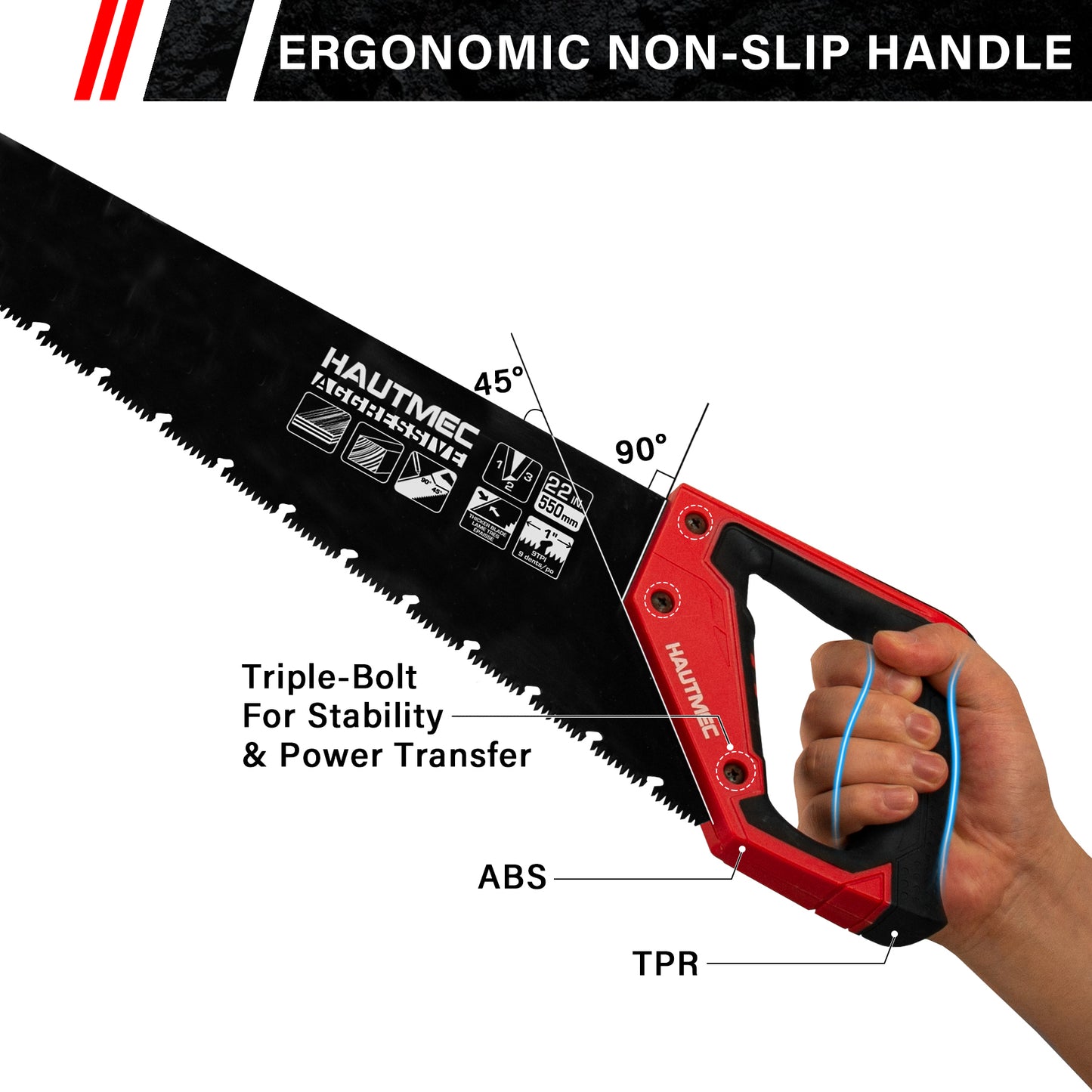 HAUTMEC 22-Inch Aggressive Hand Saw, Ergonomical Handle, Rust-proof Wood Saw With Chip Removal Design, for Heavy Duty Sawing, Trimming, Gardening of Wood, Drywall, Laminate And Plastic HT0026-SA