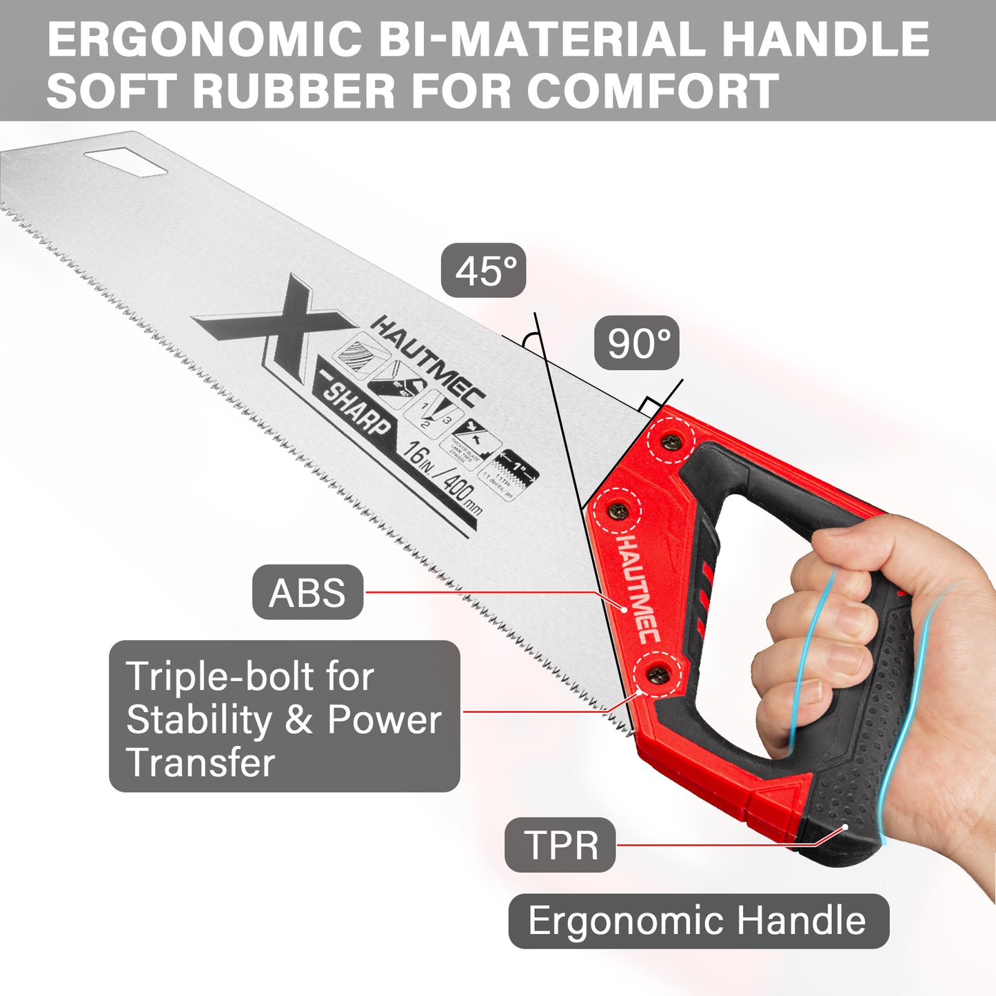 HAUTMEC 14-Inch X-Sharp Pro Hand Saw, Universal Wood Saw with 12 TPI Triple Ground Teeth, Thickened Carbon Steel Blade & Ergonomic Handle, Multi-Use Handsaw for Wood, Plastic, Drywall, PVC – HT0295