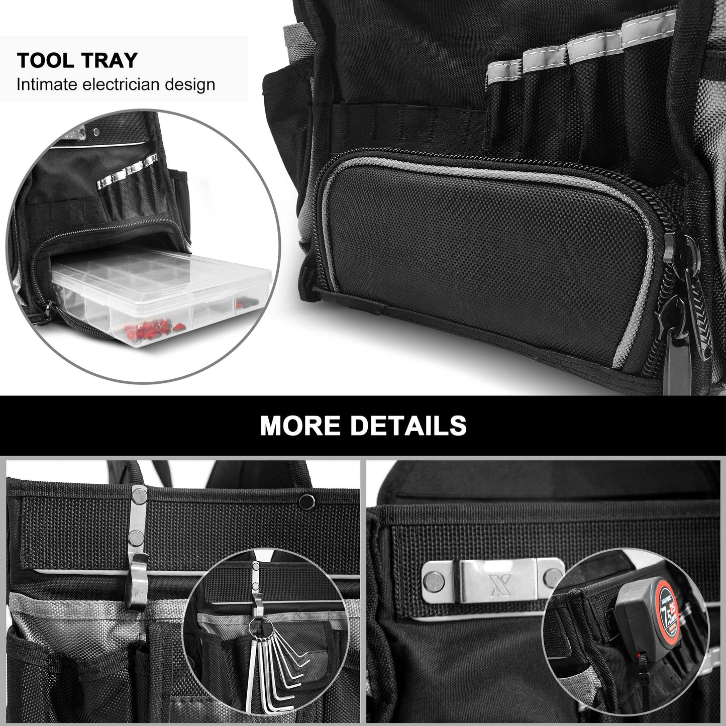 HAUTMEC Pro Electrical & Maintenance Tool Bag Tool Tote With Extra Parts Tray, 11-Inch 1680D Heavy-duty Electricians Tool Carrier, Removable Shoulder Strap and 37 Tool Storage Pockets HT0174-TB