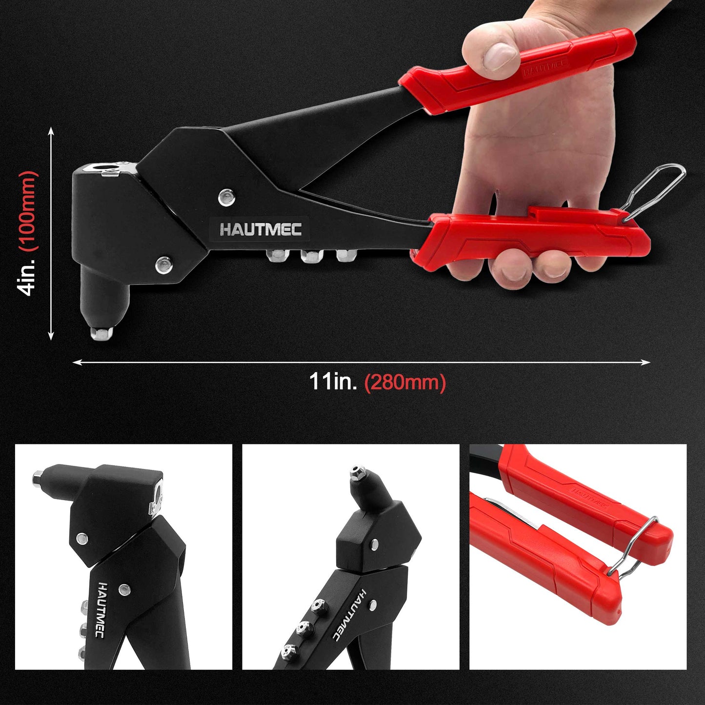 HAUTMEC Pop Rivet Gun,360° Swivel Head Hand Rivet Tool with 4 Manual Interchangeable Rivet Heads HT0128-HR