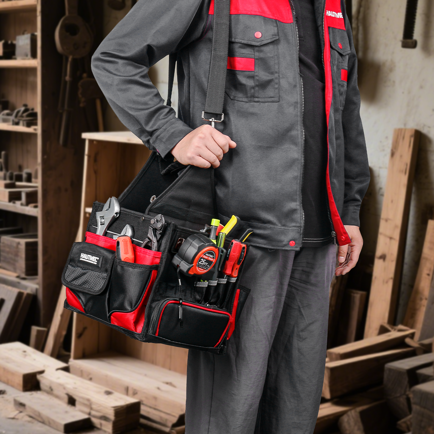 HAUTMEC Electrician Tool Bag with Parts Tray, Heavy-Duty 37-Pocket Open Top Tool Tote, Reinforced Base, Water-Resistant, Adjustable Shoulder Strap – HT0174