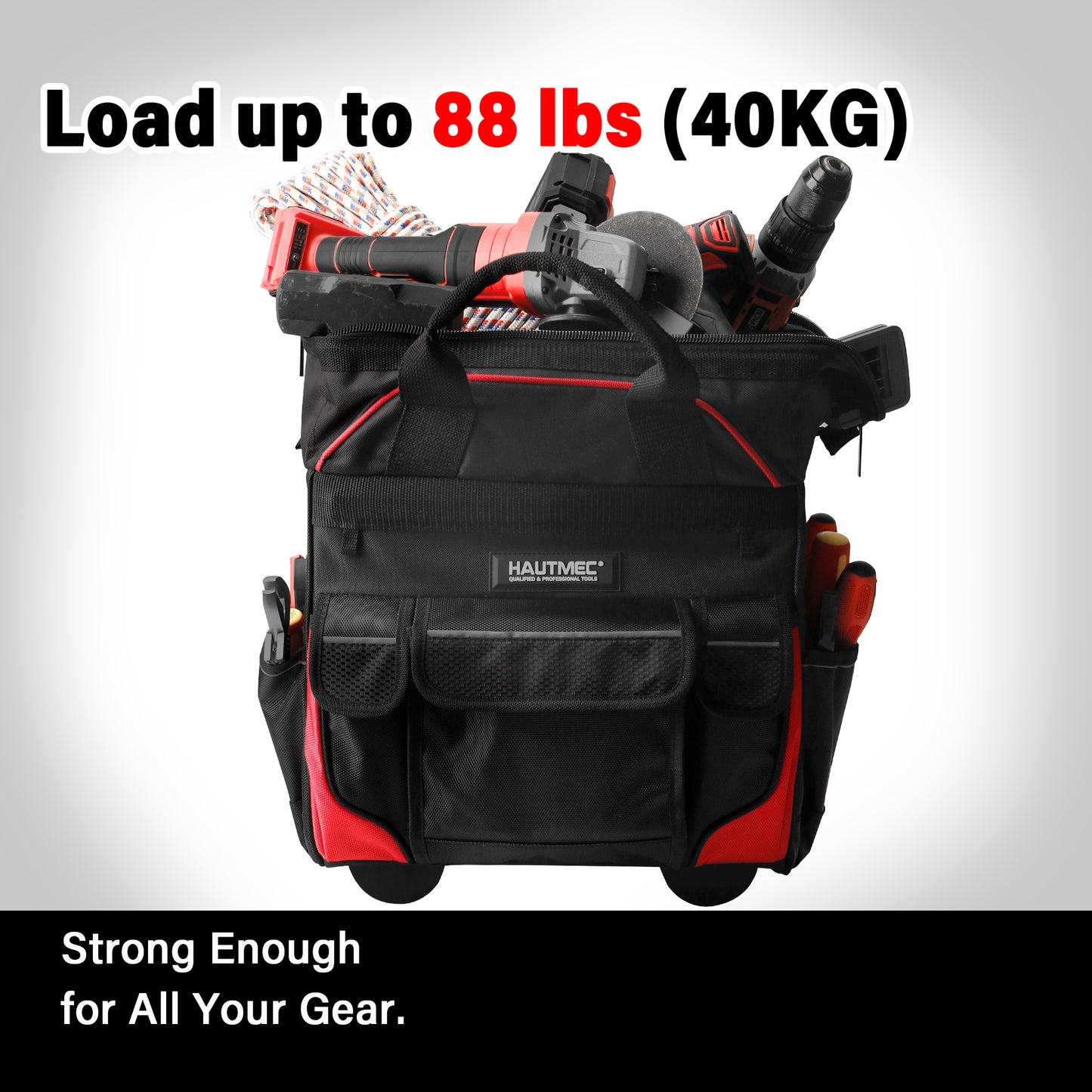 HAUTMEC 14.5" Rolling Tool Bag with Wheels, 25-Pocket Portable Tool Box Organizer with 600D Water-Resistant Fabric, Wide-Mouth Design, Oversized Wheels & Telescoping Handle - HT0179