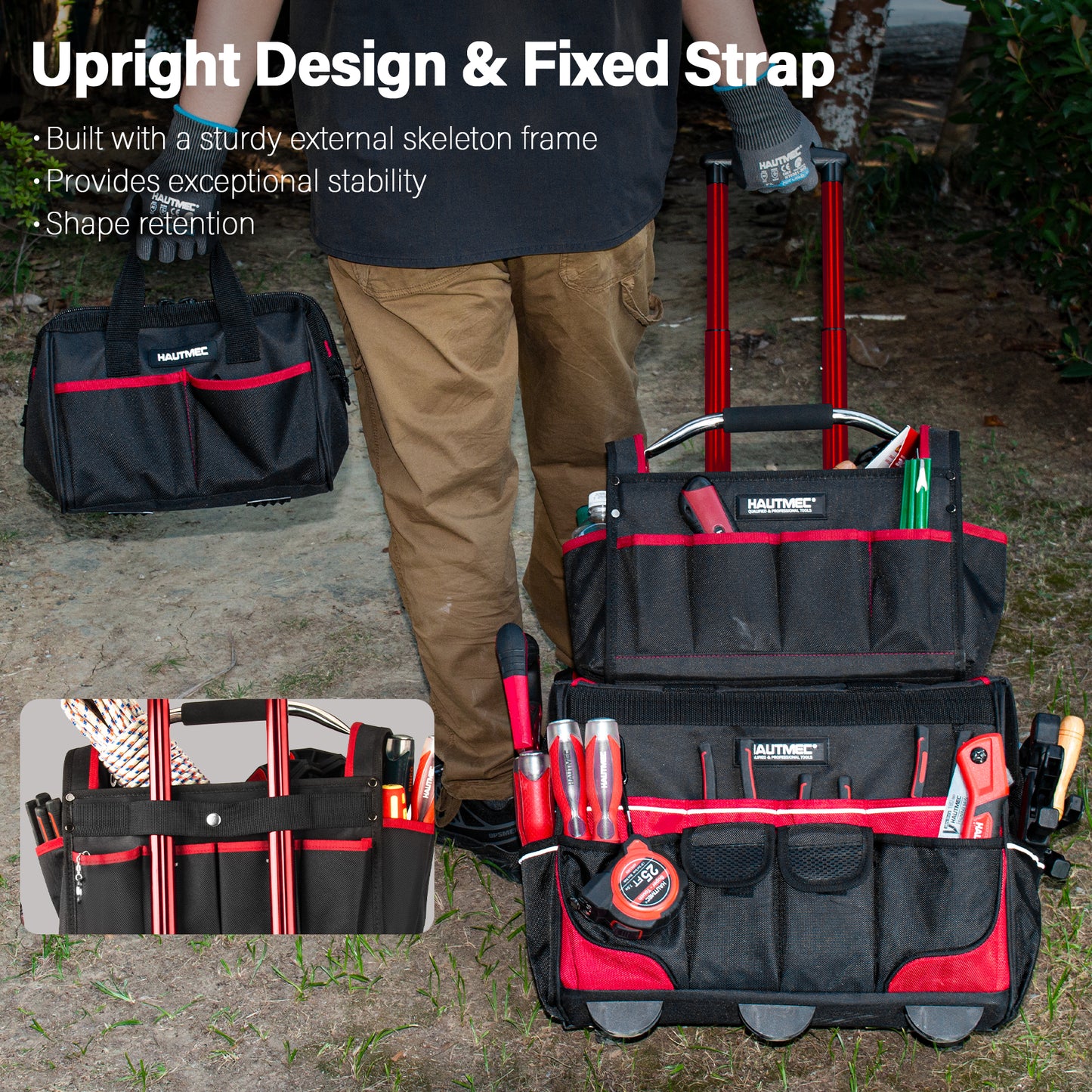 HAUTMEC 3 Piece Heavy-Duty Rolling Tool Bag Set, 18” Wheeled Tool Bag, 15” Electrician Tool Tote & 12” Wide Mouth Bag, 1680D Oxford Fabric Portable Tool Storage – HTTBM25006