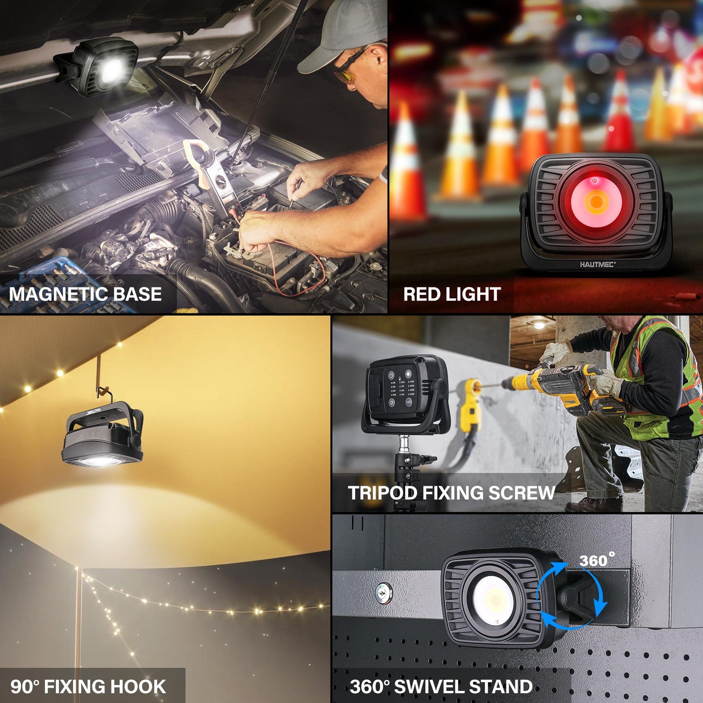 HAUTMEC Rechargeable Work Light, 360°Rotating COB 1500LM Portable Flood Light with Magnetic Base and Pothook, Waterproof Power Bank Worklight Tool for Car Repairing Construction Sites, HT0168-WL