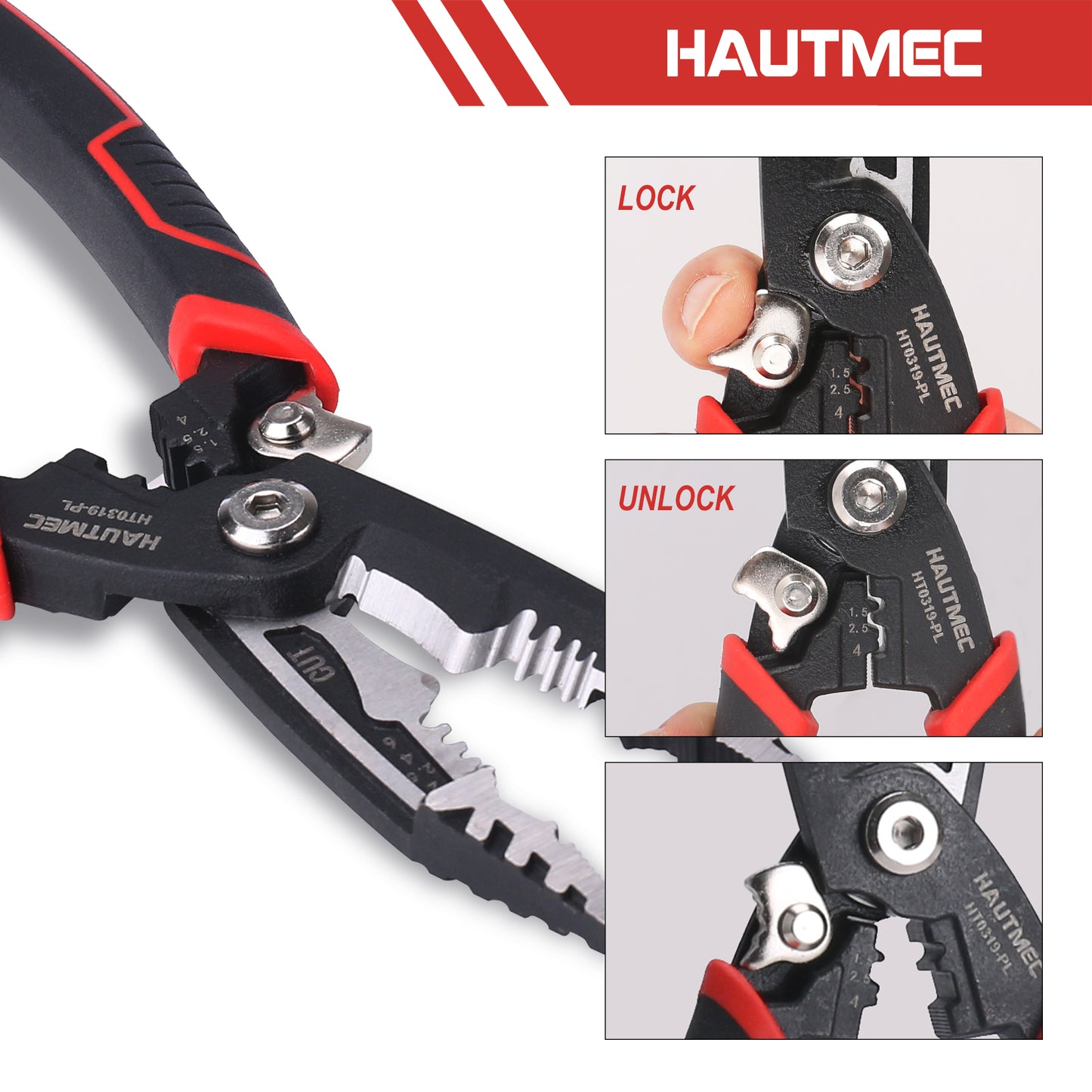 HAUTMEC 7-in-1 Wire Stripper Cutters Tool, 8" Wire Strippers, Electrical, Wire Cable Stripper and Crimping Tool, Multifunctional Pliers HT0319-PL
