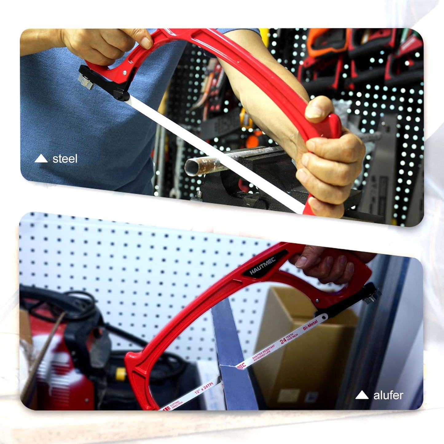 HAUTMEC 12 inch Hacksaw, Adjustable Heavy Duty Hacksaw Frame with High-Tension 24 TPI Bimetal HSS Blade for Metal,Pipe,PVC,Wood Cutting HT0101 Bimetal HSS High Tension Blade, for Metal, Steel Pipe, PVC, Wood HT0101-HS