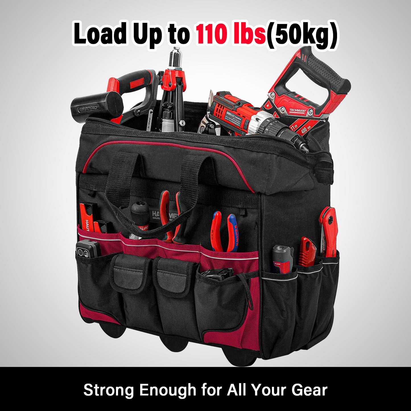 HAUTMEC 18" Rolling Tool Bag with Wheels, 23-Pocket Portable Tool Box Organizer with 600D Water-Resistant Fabric, Wide-Mouth Design, Oversized Wheels & Telescoping Handle - HT0059