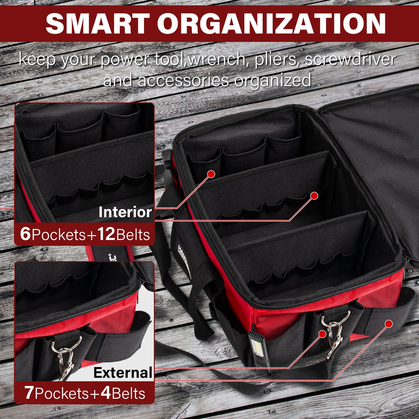 HAUTMEC Heavy Duty Tool Bag Case 14.5 Inch, 1680D Oxford Fabric & EVA Reinforced Hard Bottom, Wide Opening with Removable Dividers, Multi-Pocket Organizer with Padded Strap & Trolley Sleeve - HT0401
