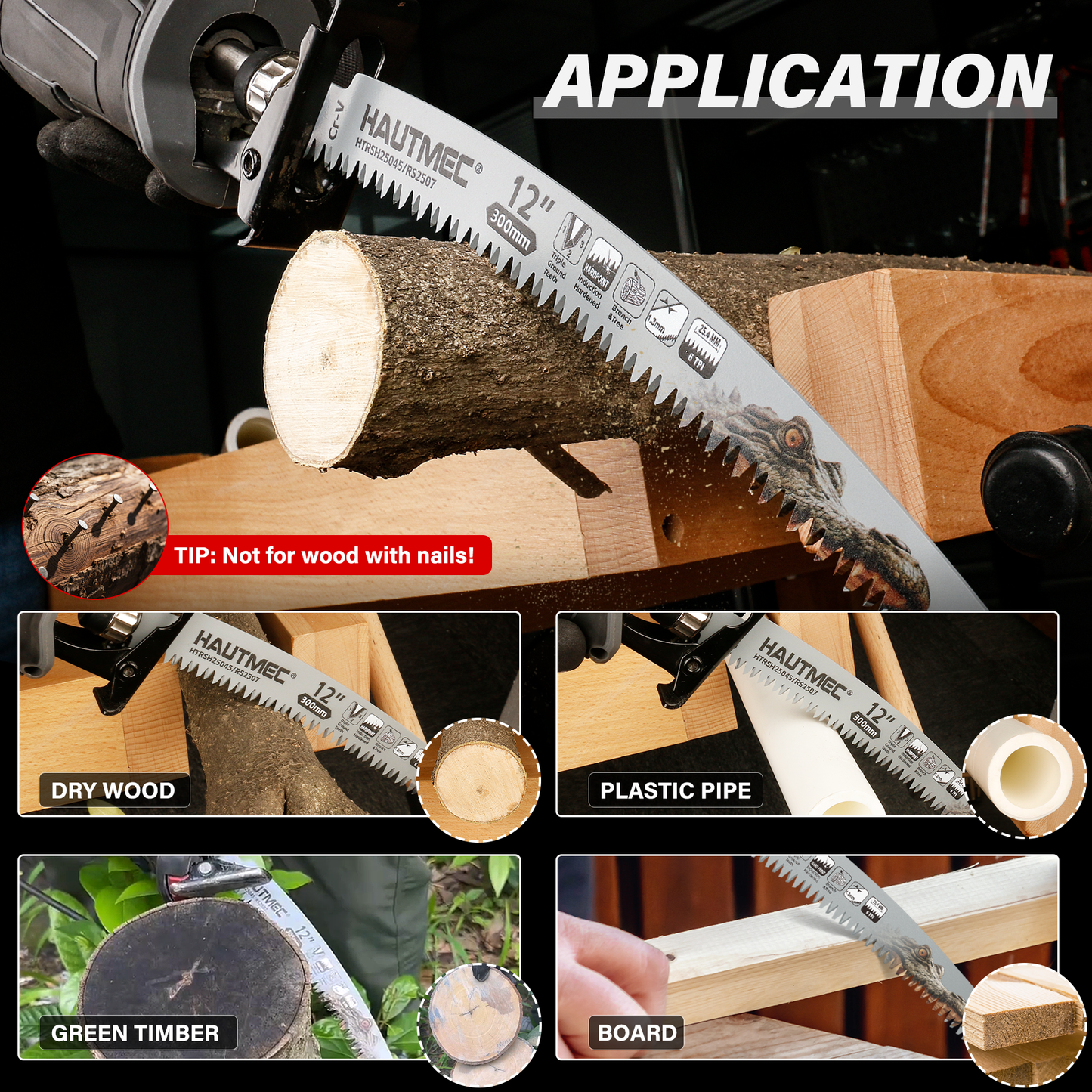 HAUTMEC 12 Inch Japanese Teeth Reciprocating Saw Blade, Curved Blade with 6TPI Harden Teeth Medium Cut for for Tree Trimming, Wood/PVC Pipe Cutting, Cr-V Sabre Sawzall Blades, 4 Pieces, HTRSH25046