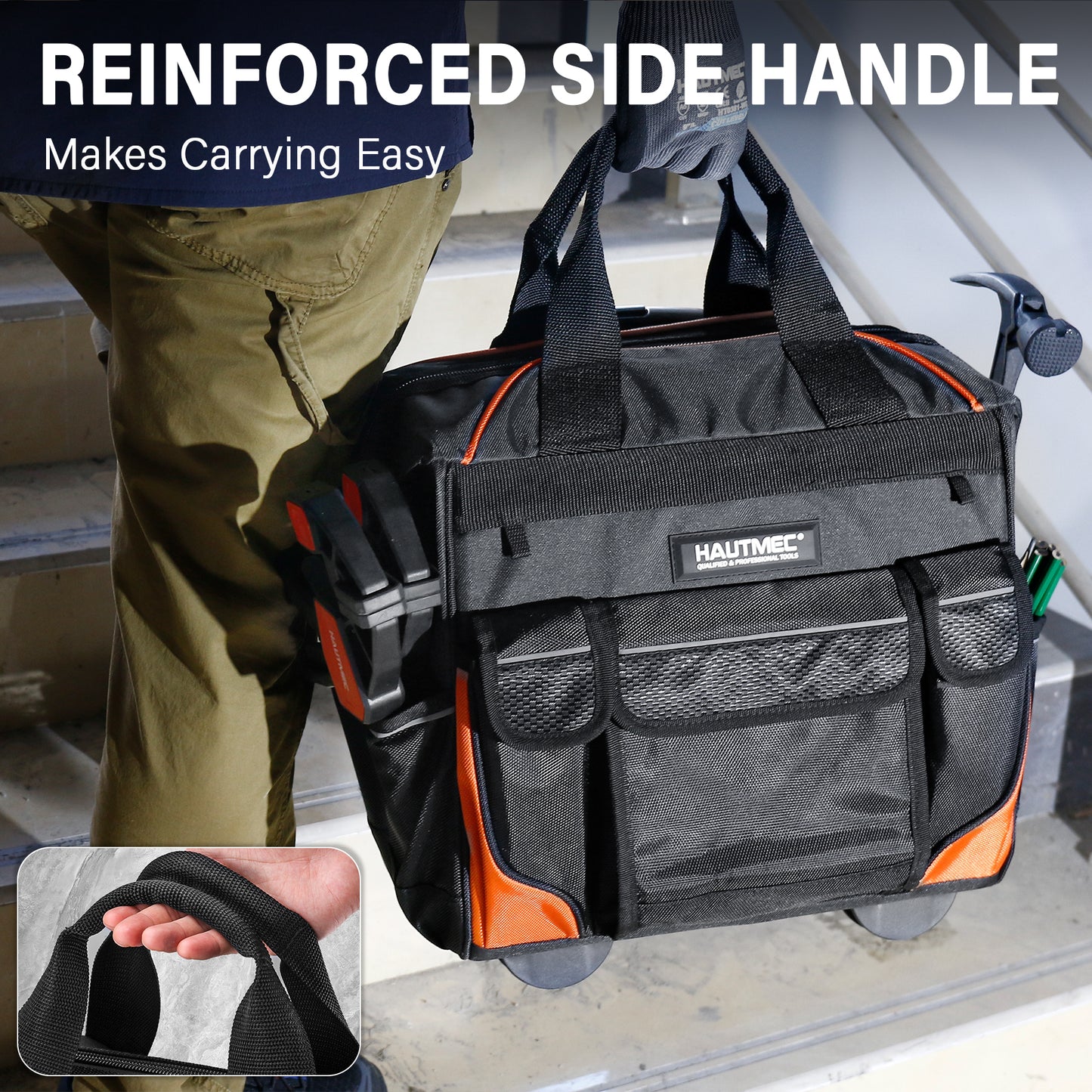 HAUTMEC 14.5" Rolling Tool Bag With Wheels Portable Tool Bag With Adjustable Telescoping Handle Wide Mouth Storage Organizer Perfect Mens Gifts, 600D Orange,HT0353