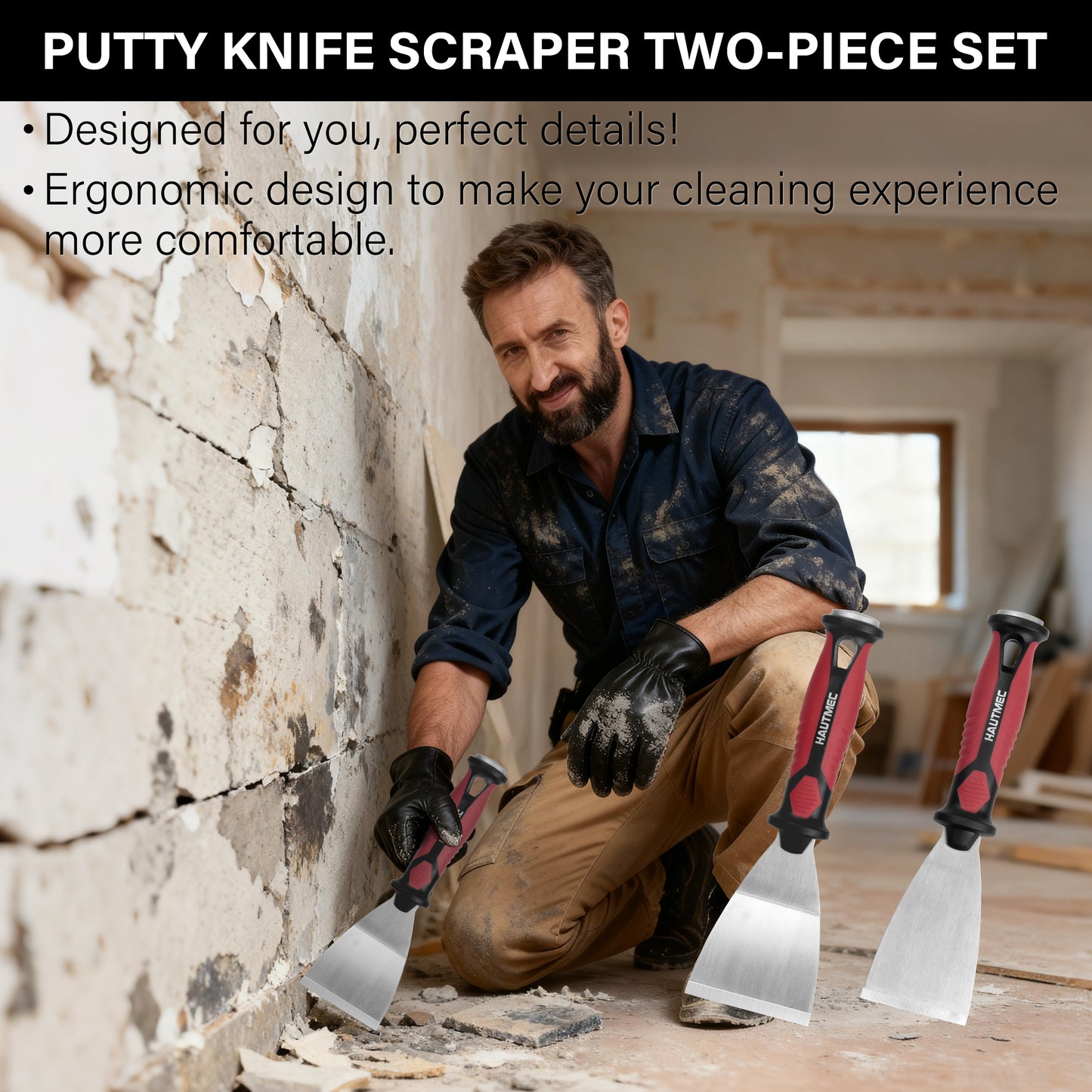 HAUTMEC 2pc Putty Knife Set, 2.5 in Staight and 3 in Offset Scrapers, Heavy Duty Stainless Steel Blade and Hammer End for Removing Wallpaper, Applying Putty, Plaster, Cement HT0061