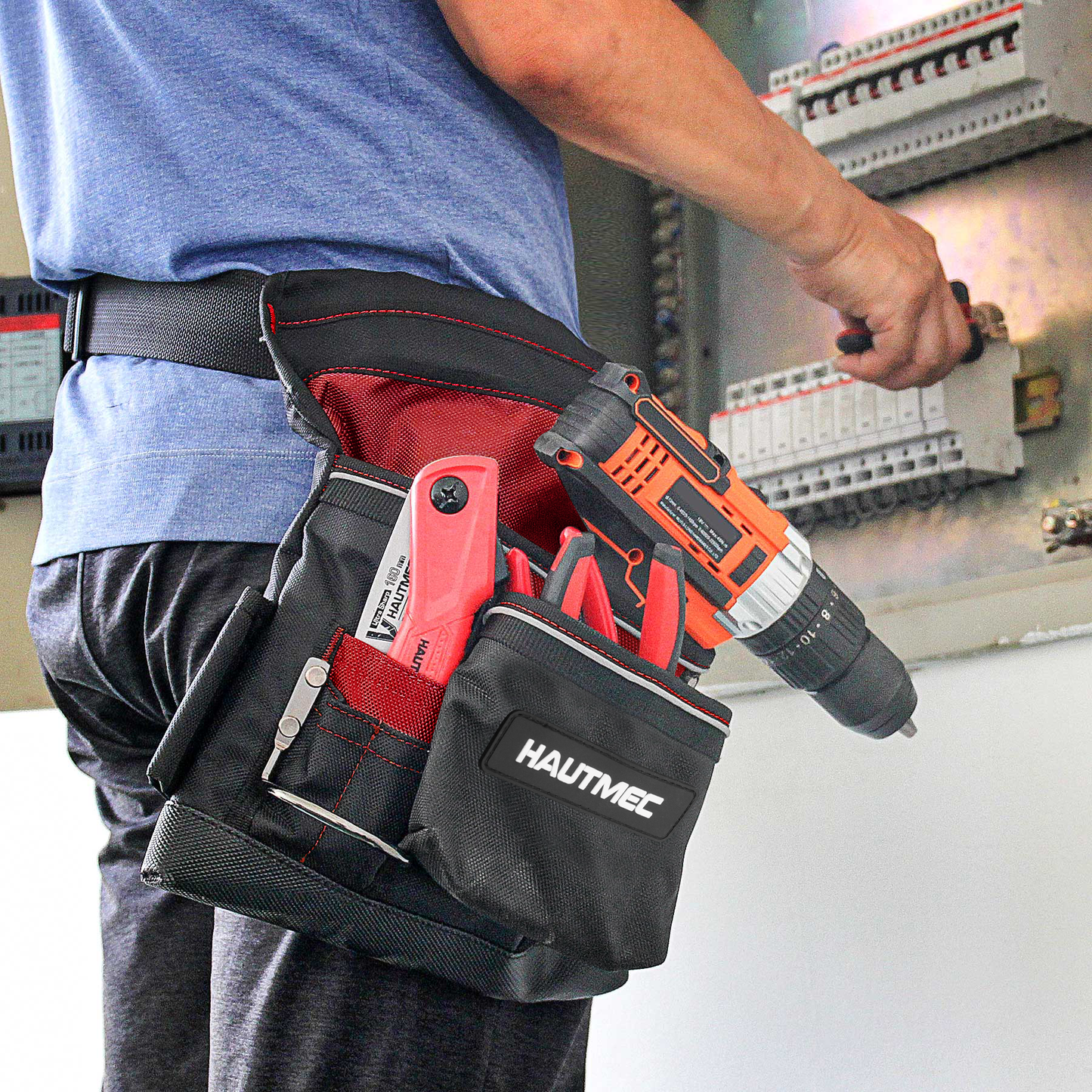 HAUTMEC Heavy Duty Framing Tool Belt Electrician Tools Pouch Organizer Work Belts For Men, 12-Pocket 1680D Tool Bag with Waist Strap Hammer Holder and 360°Reflective Strips, Black & Red HT0220-TBR