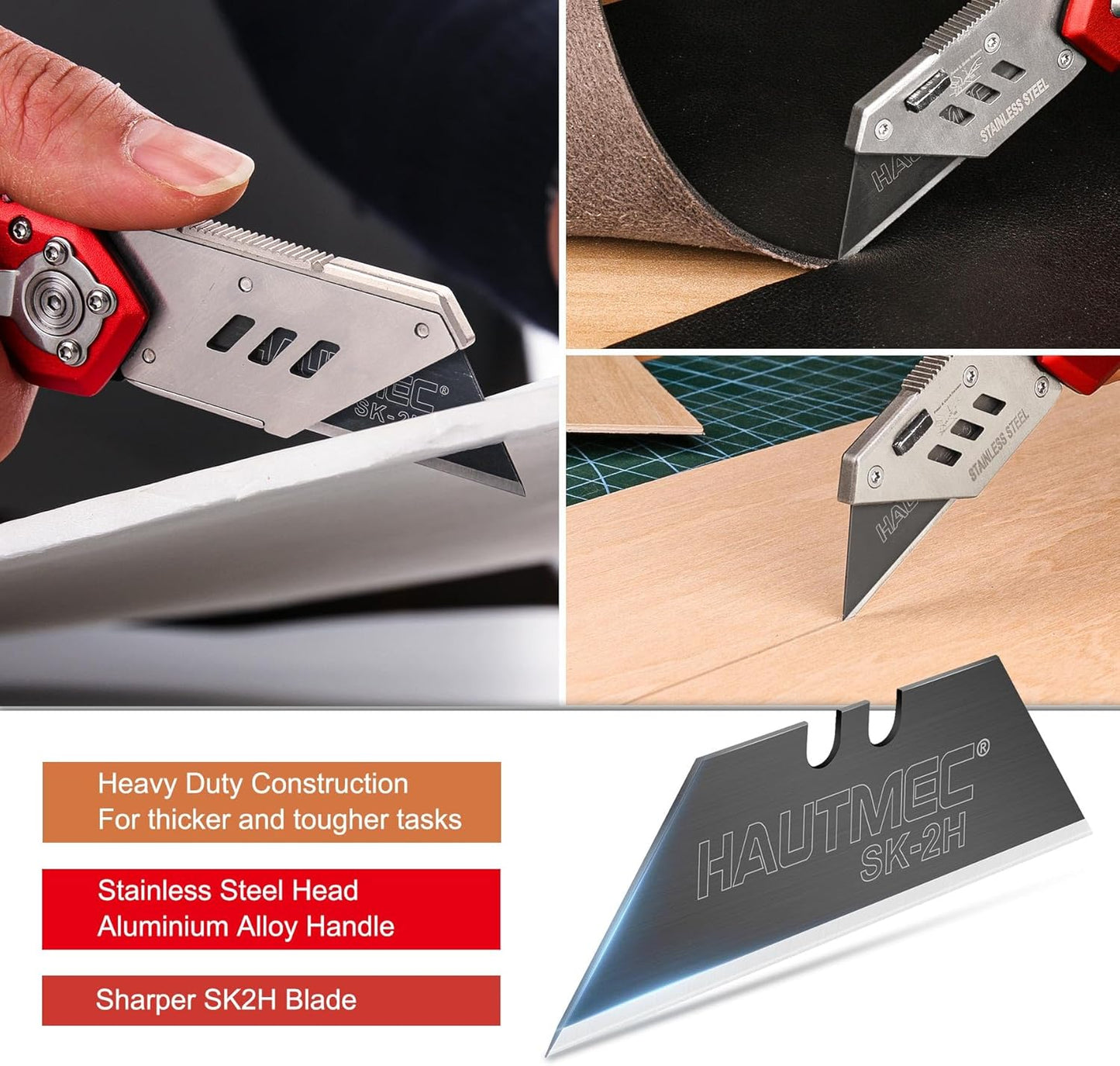 HAUTMEC Folding Utility Knife, Box Cutter with 10pcs SK2H Razor Blades, Heavy Duty Aluminium Alloy Pocket Knife with Belt Clip and Carabiner, Quick Change Blades and Safety Locking Design, HT0263-KN