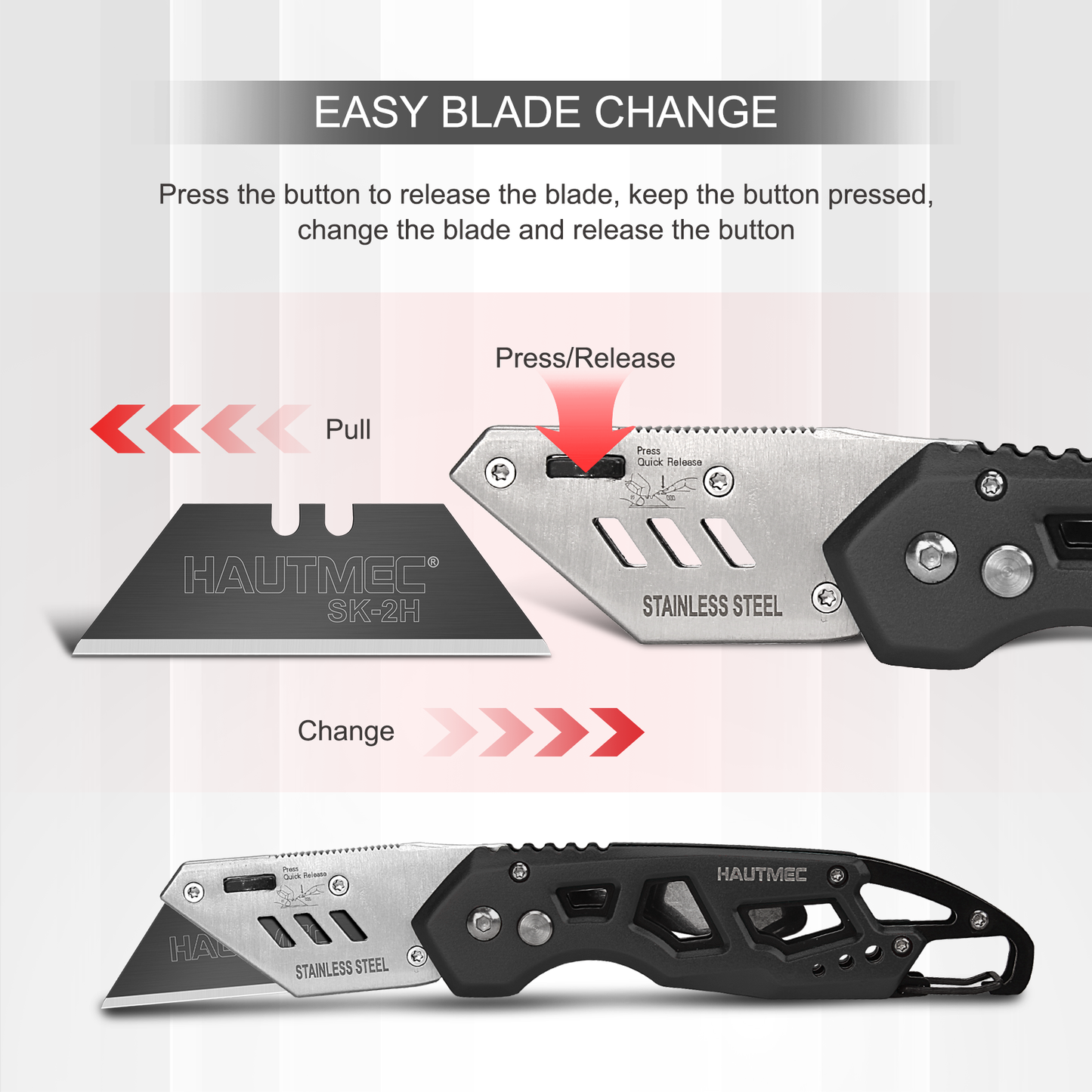 HAUTMEC Folding Utility Knife with 10-Pack SK2H Blades, Heavy-Duty Aluminum Alloy Box Cutter with Belt Clip, Carabiner, Quick-Change Blades & Safety Lock – HTUCH25002