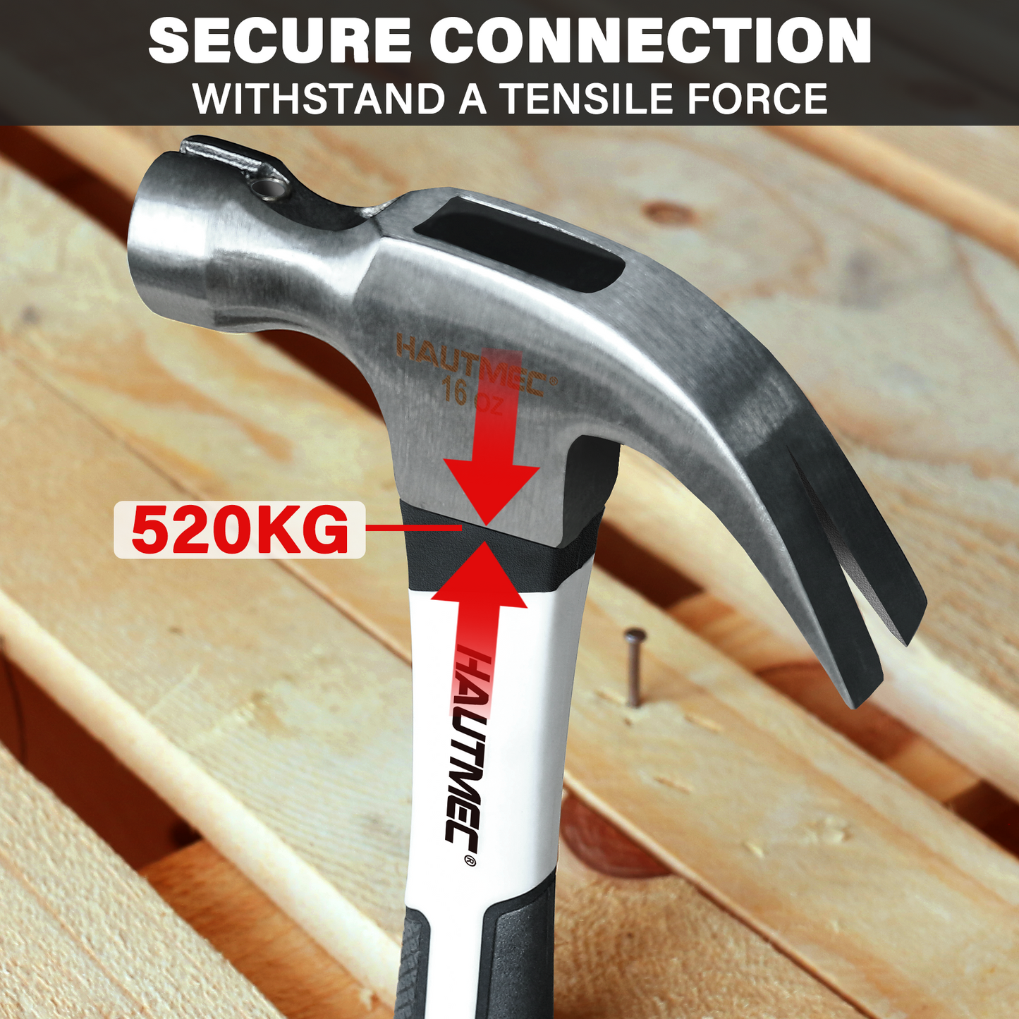 HAUTMEC 16 oz Claw Hammer, Drop Forged Claw Hammers with Magnetic Nail Holder and Firberglass Handle, Curved Jaw of Nail Puller, Smooth Face, HTMAM25003