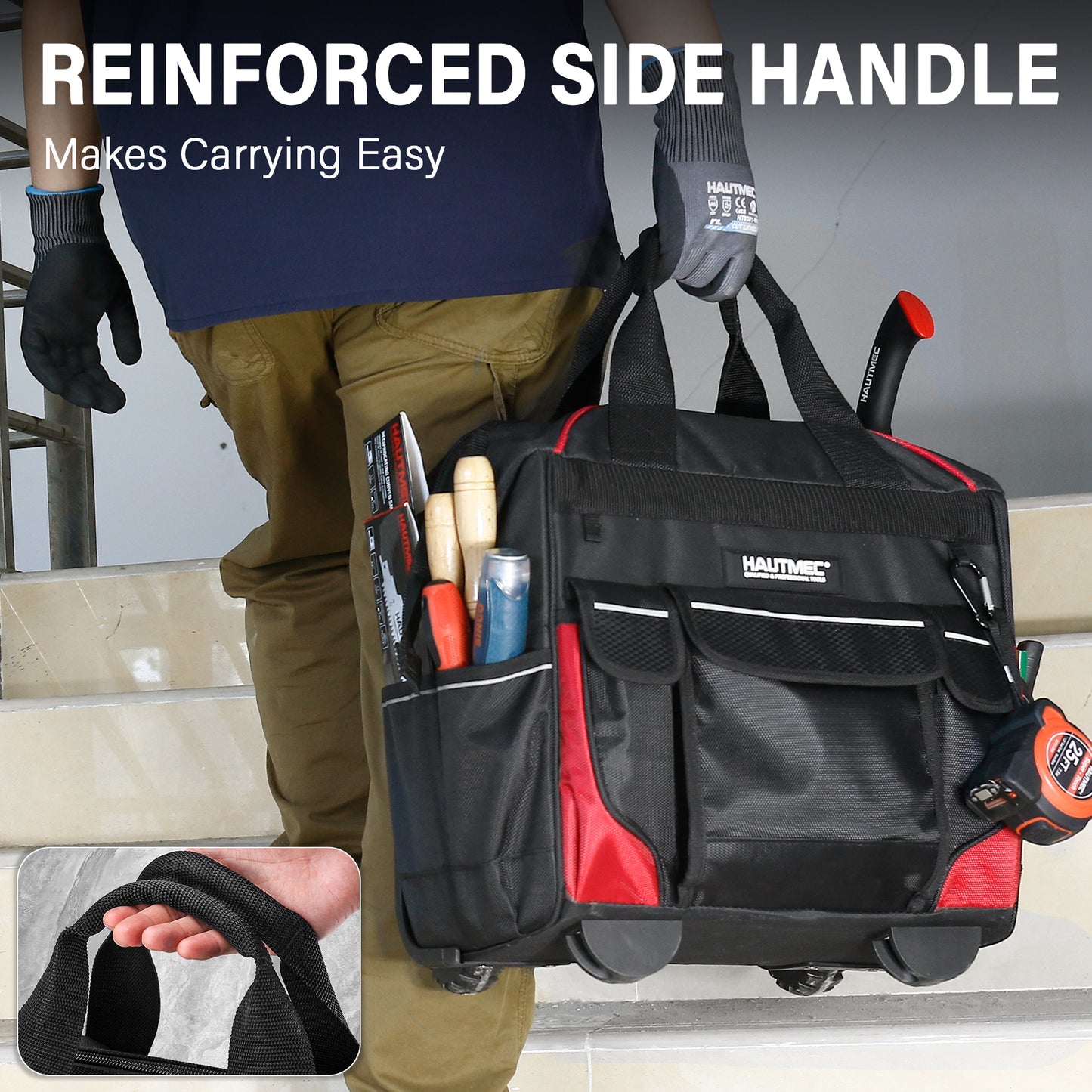 HAUTMEC 14.5" Rolling Tool Bag with Wheels, 25-Pocket Portable Tool Box Organizer with 600D Water-Resistant Fabric, Wide-Mouth Design, Oversized Wheels & Telescoping Red Handle -HTTBM25005