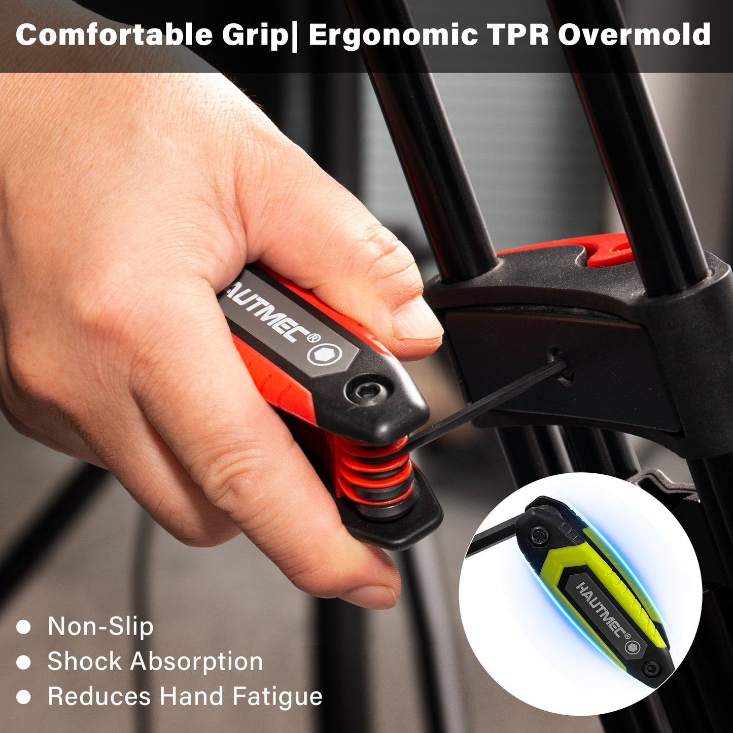 HAUTMEC 17PCS Folding Allen Wrench Set, Compact SAE & Metric Hex Key Set, Color-Coded Non-Slip Grip Allen Key Set, Heated Treated CR-V Steel Hex Wrench Sets, for Bike, Motorcycle & Machinery Repair HTHKH25041