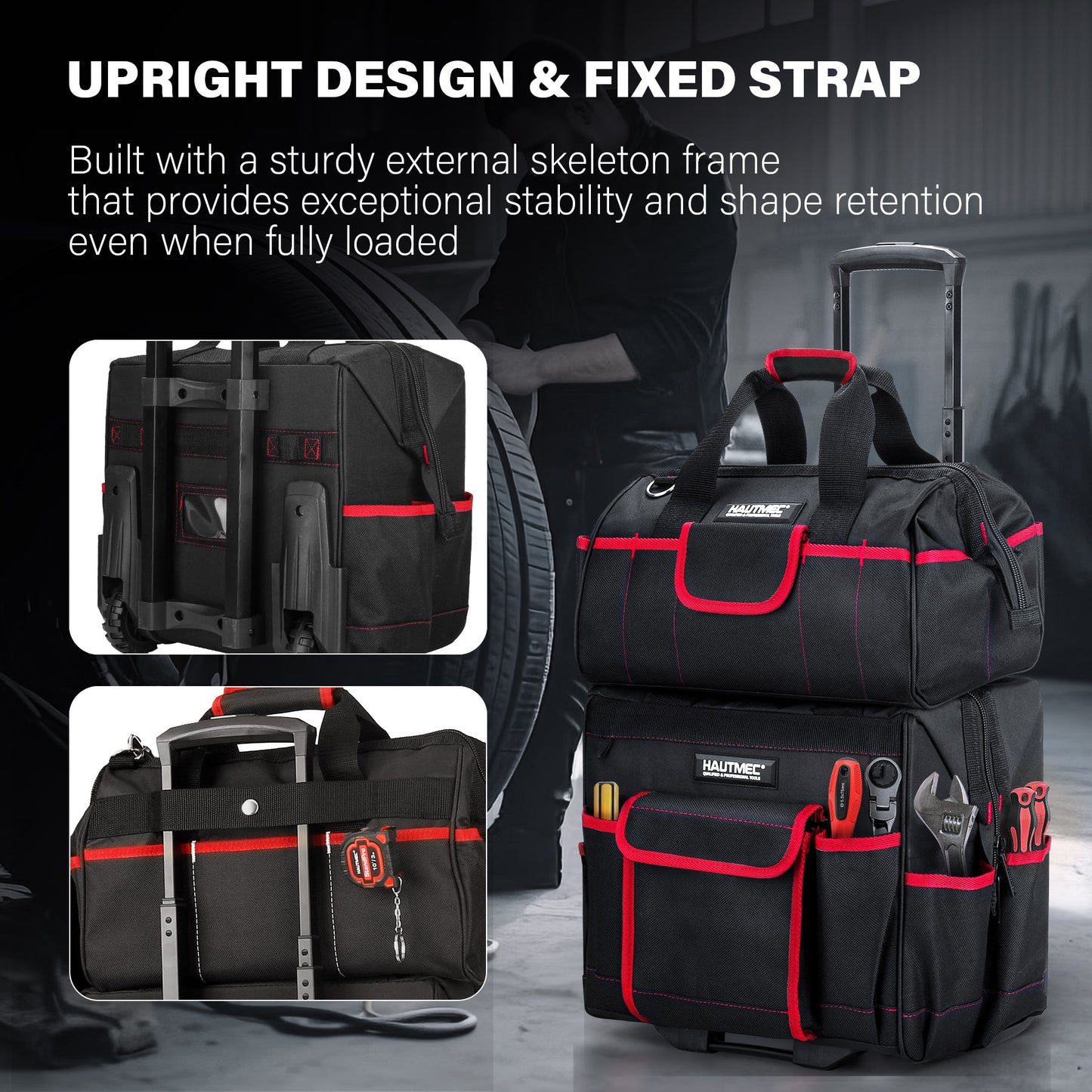 HAUTMEC 2-Piece Rolling Tool Bag Set, 15” Heavy-Duty Tool Bag with Wheels & 15" Wide Mouth Utility Bag, 1680D Water-Resistant Durable Tool Storage – HT0288