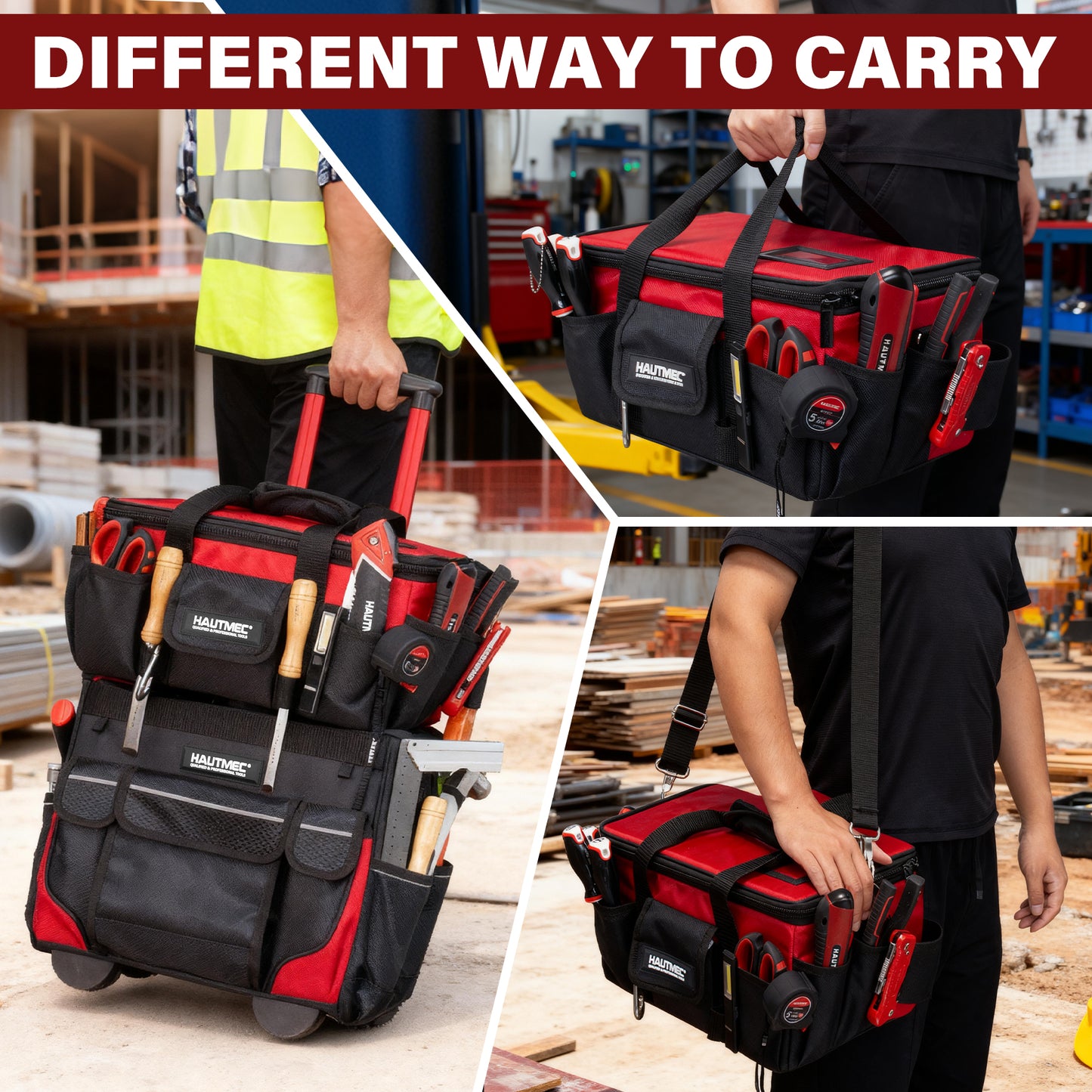 HAUTMEC Heavy Duty Tool Bag Case 14.5 Inch, 1680D Oxford Fabric & EVA Reinforced Hard Bottom, Wide Opening with Removable Dividers, Multi-Pocket Organizer with Padded Strap & Trolley Sleeve - HT0401