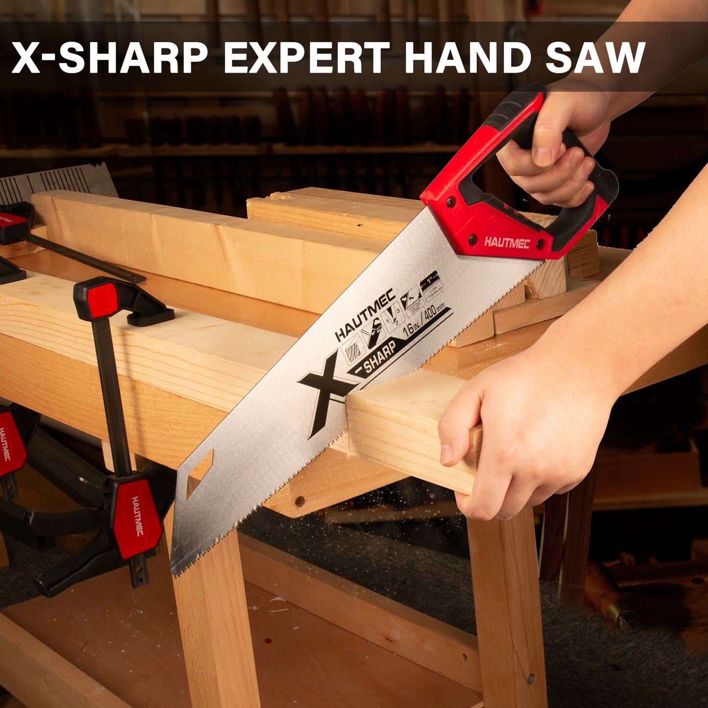 HAUTMEC 16 in. Universal X-Sharp Hand Saw - 11 TPI Fine Cuts Wood Saw - Professional Universal Saws for Wood, Laminate And Plastic - Ripcut And Crosscut Saw, HT0152-SA