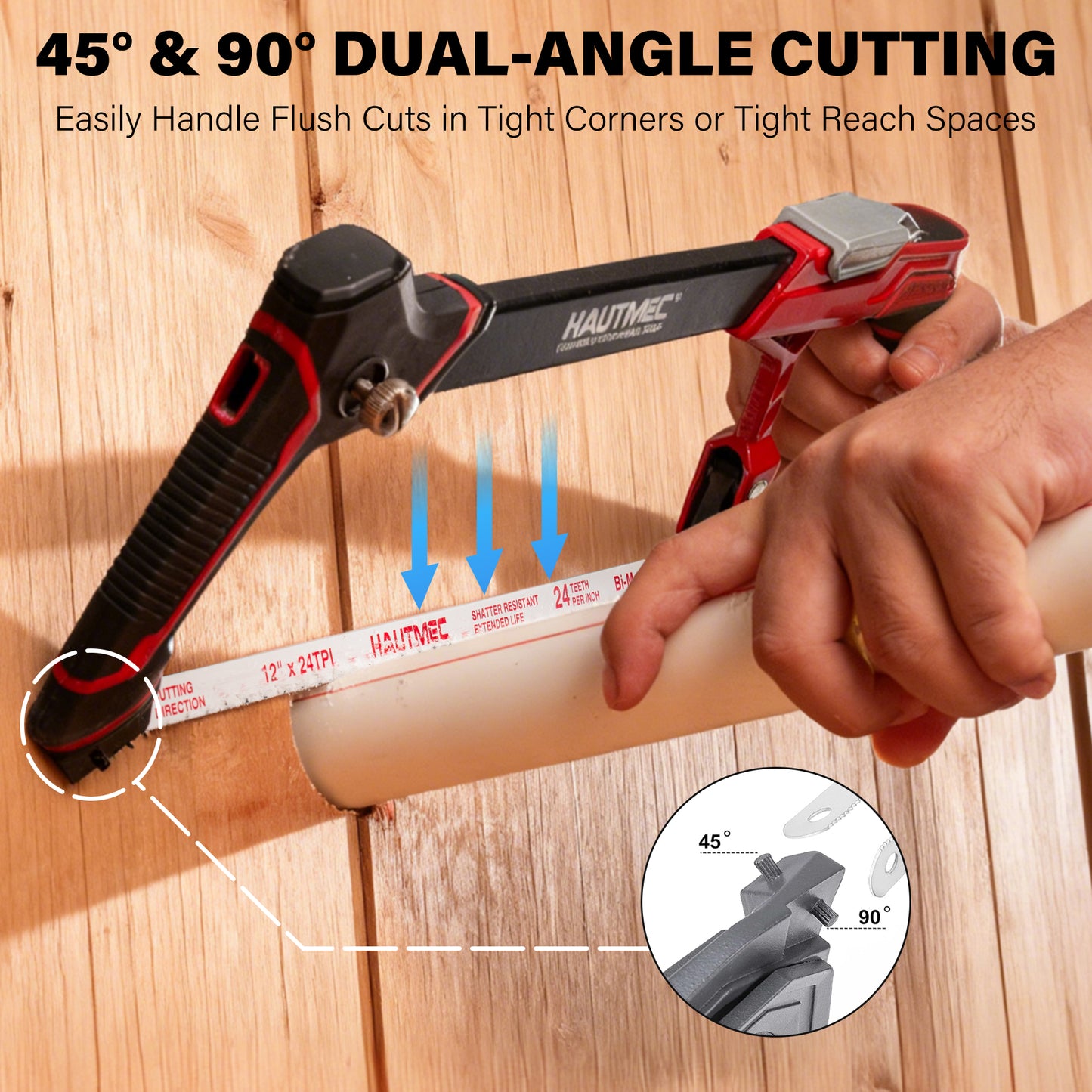 HAUTMEC 12" Fast Tension Hacksaw with Extra 5 HSS Blades, Heavy-Duty Aluminum Frame, Quick-Change Tension, Blade Storage, Pro Hack Saw with Dual Cutting Angles for Metal, PVC, Wood - HTHSH25034