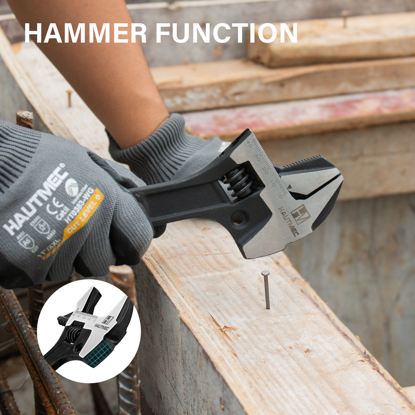 HAUTMEC 16inch Adjustable Spud Wrench, 4 in 1 Multifunctional Spud Wrenches, Adjustable Wrench and Hammer, Extra Wide Jaw Up to 1.6" (41mm) Metric & SAE Scale, Oxide Finish, for Garage Workshop DIY HTASM25015