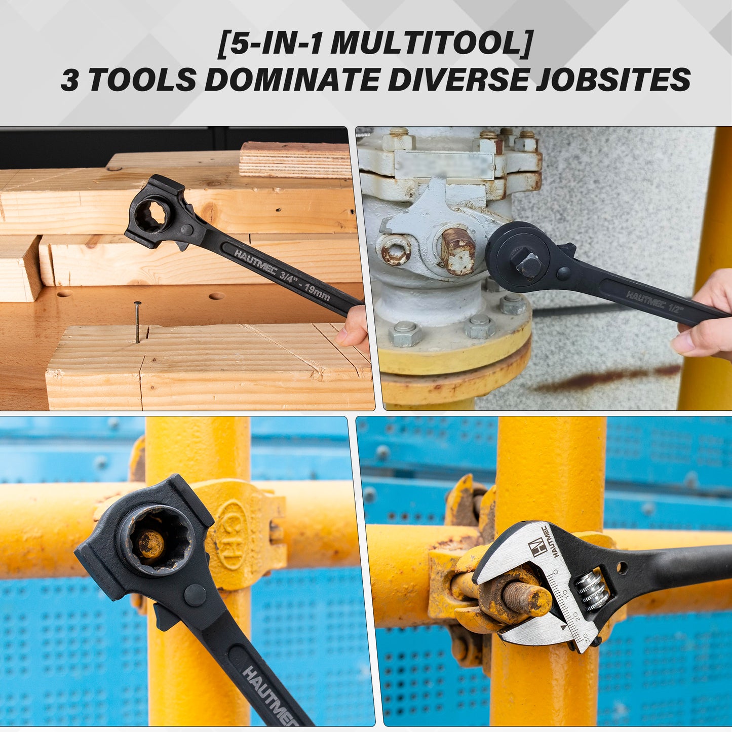 HAUTMEC 12" Spud Ratchet Wrench Set(3 PCS), Includes 3/4" x 7/8" Dual Socket Scaffold Ratchet Wrench with Hammer Function, 3/8" x 1/2" Dual Head Ratchet, and Adjustable Spud Wrench HTASM25021