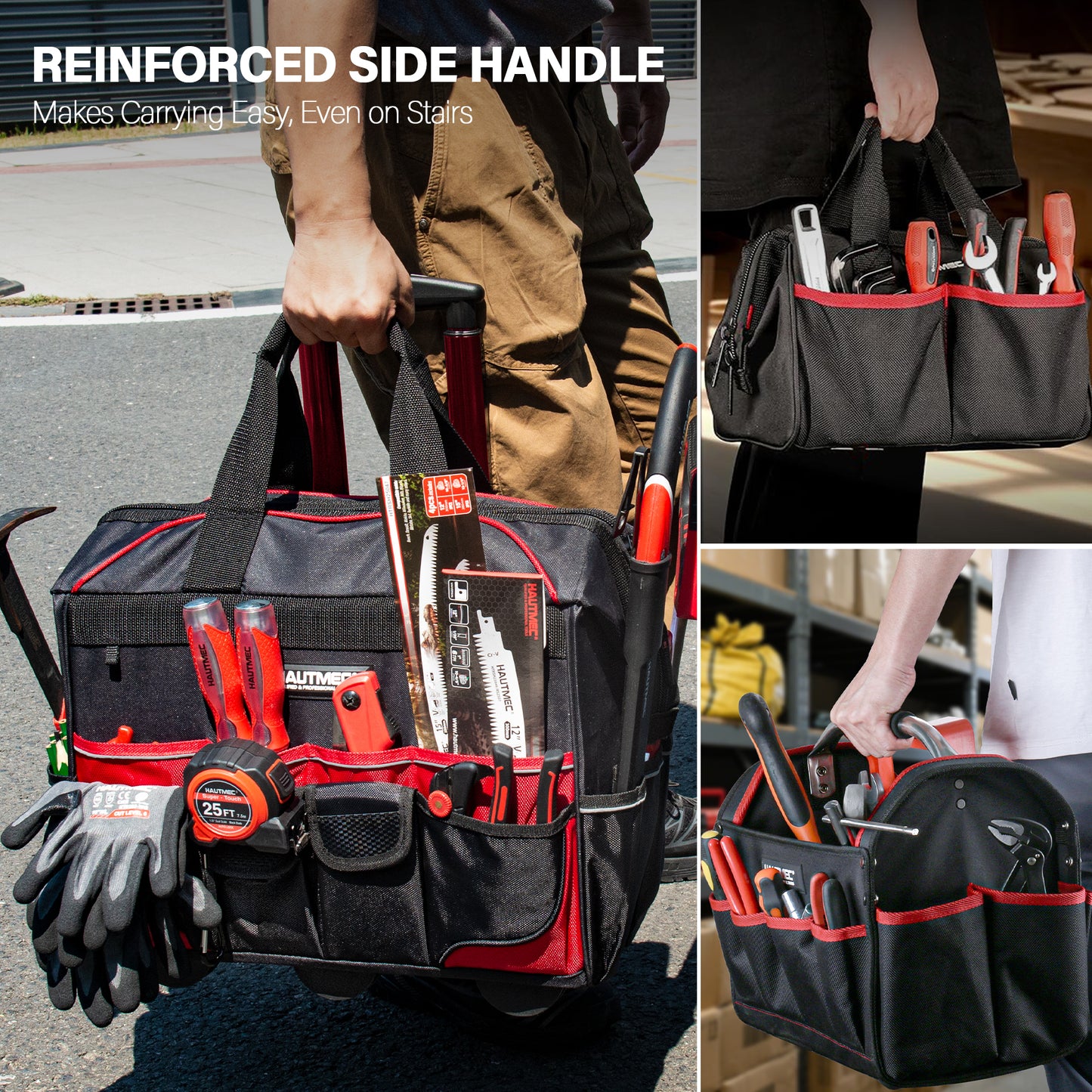 HAUTMEC 3 Piece Heavy-Duty Rolling Tool Bag Set, 18” Wheeled Tool Bag, 15” Electrician Tool Tote & 12” Wide Mouth Bag, 1680D Oxford Fabric Portable Tool Storage – HTTBM25006