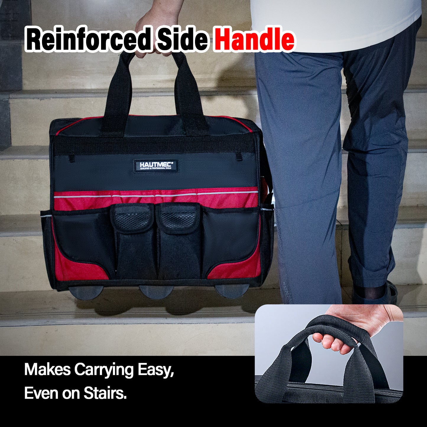 HAUTMEC 18" Rolling Tool Bag with Wheels, 23-Pocket Portable Tool Box Organizer with 600D Water-Resistant Fabric, Wide-Mouth Design, Oversized Wheels & Telescoping Handle -HTTBM25004