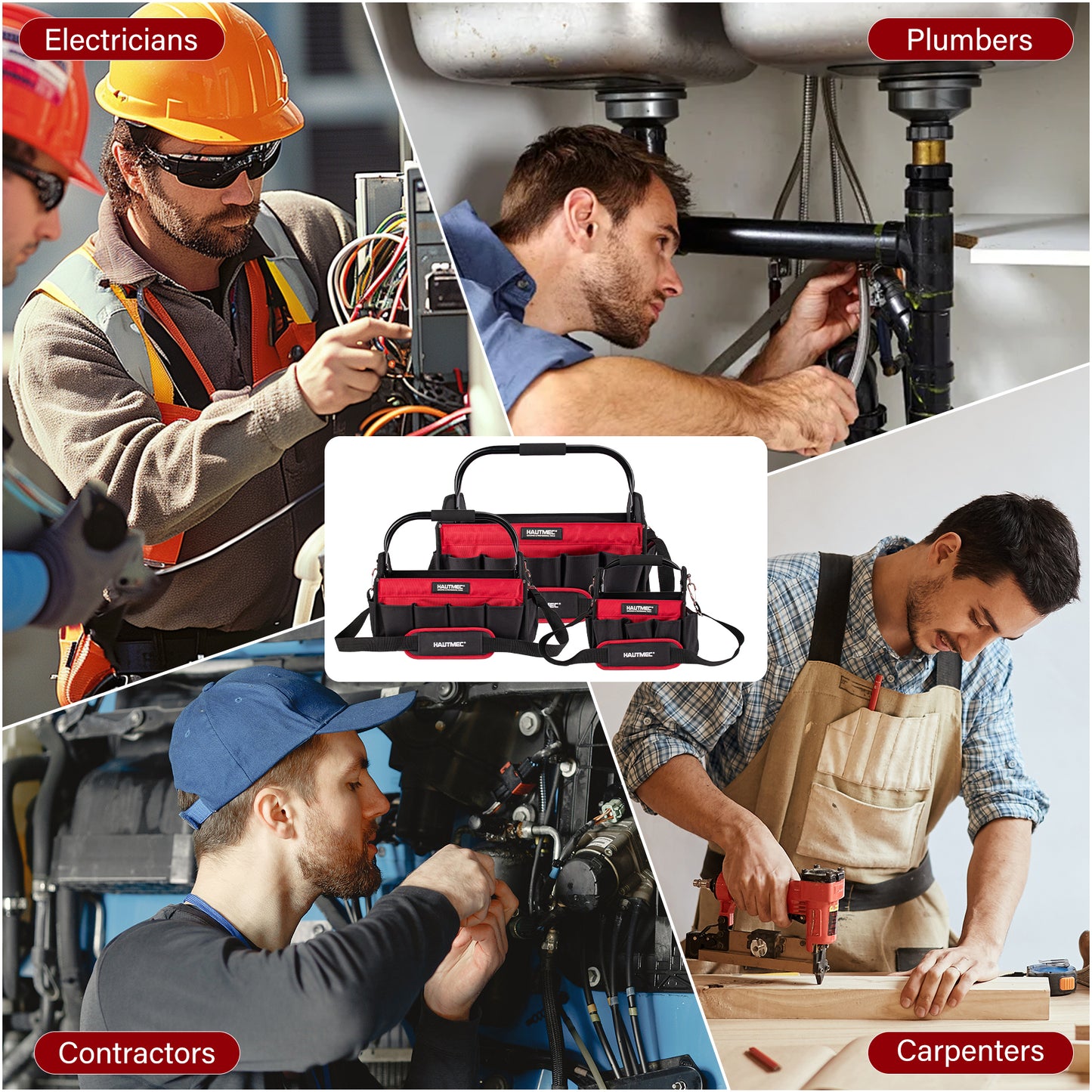 HAUTMEC 3PCS Heavy Duty Tool Tote Bag Set, 1680D Rigid Frame Tool Bags with Foldable Handle & Padded Shoulder Strap, Water-Resistant Hard Base, Multi-Pocket Tool Box Organizer – HTTBH25052