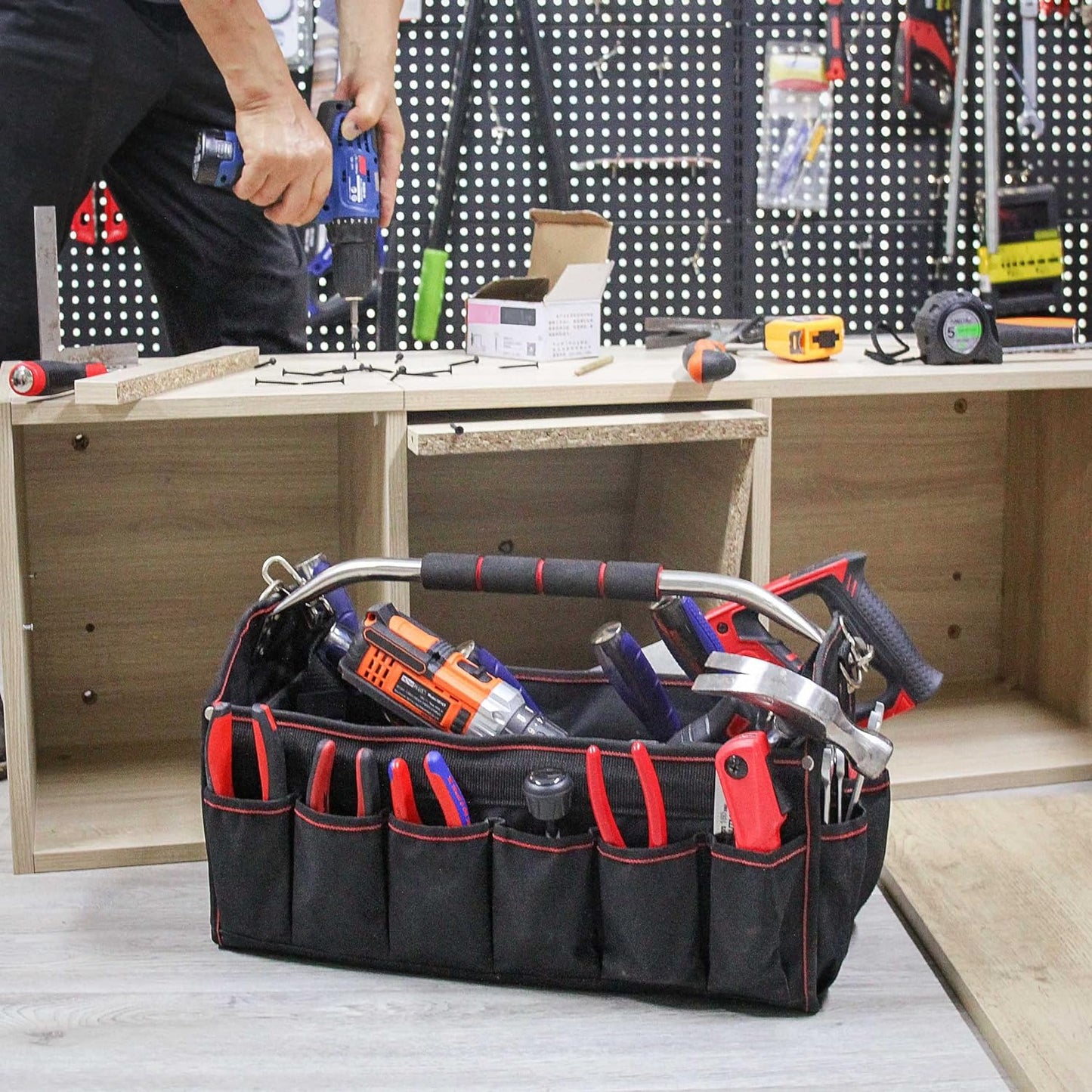 HAUTMEC Pro Foldable Open Top Tote Bag, 18-Inch 27 Pocket Tool Bag, Removable Shoulder Strap, Wide Mouth Heavy Duty Electrician Tool Bin for Tool Organization and Storage HT0020-TB