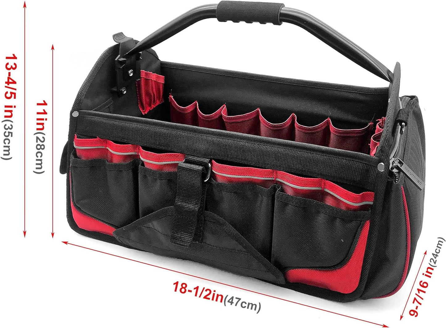 HAUTMEC Open Top Electrician Tool Bag with Rotating Handle, Heavy Duty Multiple 39 1680D Pockets, 18" (47cm) Wide Stiff Frame Tote Bag, Electrical and Maintenance Tote Tool Box HT0178-TB