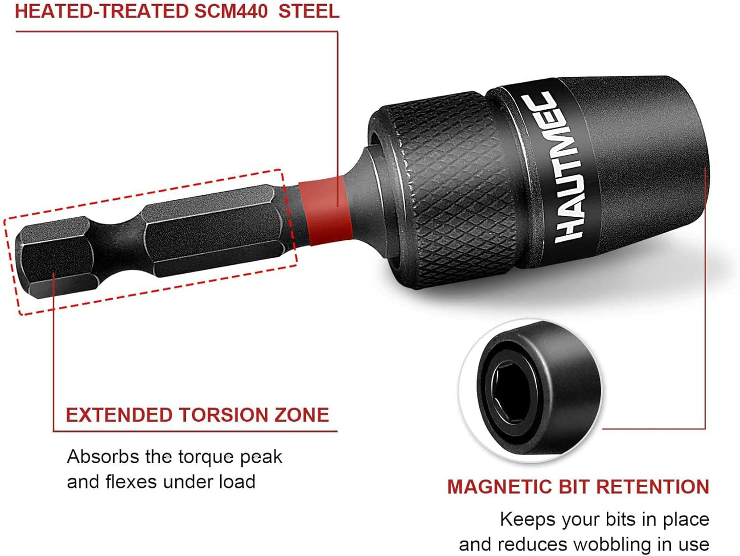 HAUTMEC 1/4 Inch Impact Tough Quick Change Bit Holder - One Touch Mechanism for Quick Release for Screwdriver Bits Nuts Drills Maintenance and repairing HT0162-SH