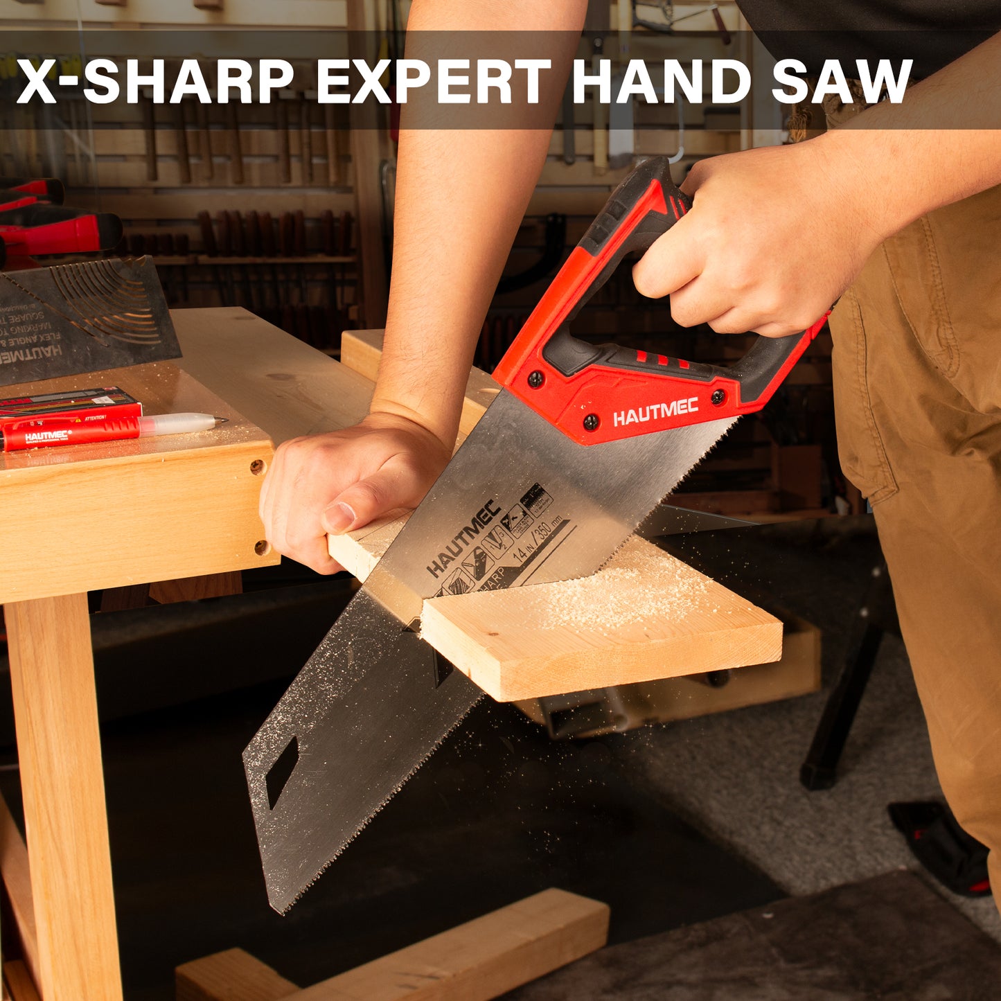 HAUTMEC 14-Inch X-Sharp Pro Hand Saw, Universal Wood Saw with 12 TPI Triple Ground Teeth, Thickened Carbon Steel Blade & Ergonomic Handle, Multi-Use Handsaw for Wood, Plastic, Drywall, PVC – HT0295