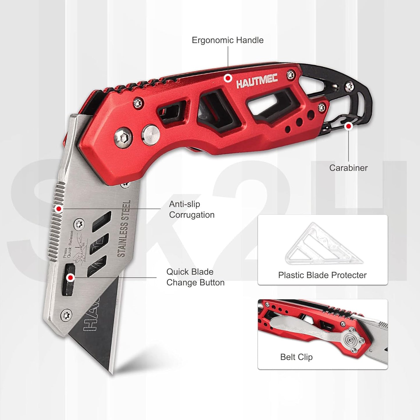 HAUTMEC Folding Utility Knife, Box Cutter with 10pcs SK2H Razor Blades, Heavy Duty Aluminium Alloy Pocket Knife with Belt Clip and Carabiner, Quick Change Blades and Safety Locking Design, HT0263-KN