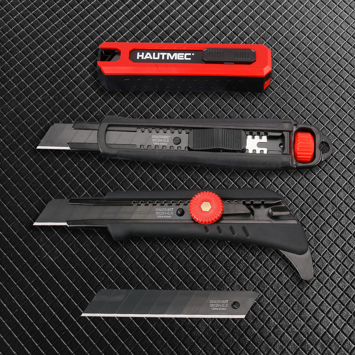 HAUTMEC 10PC 18mm Heavy Duty Utility Knife Blades, SK2H Steel Box Cutter Replacement Rustproof Blades - for Industrial or Construction Applications Bottom Snap-Off & Recycling Box 25008