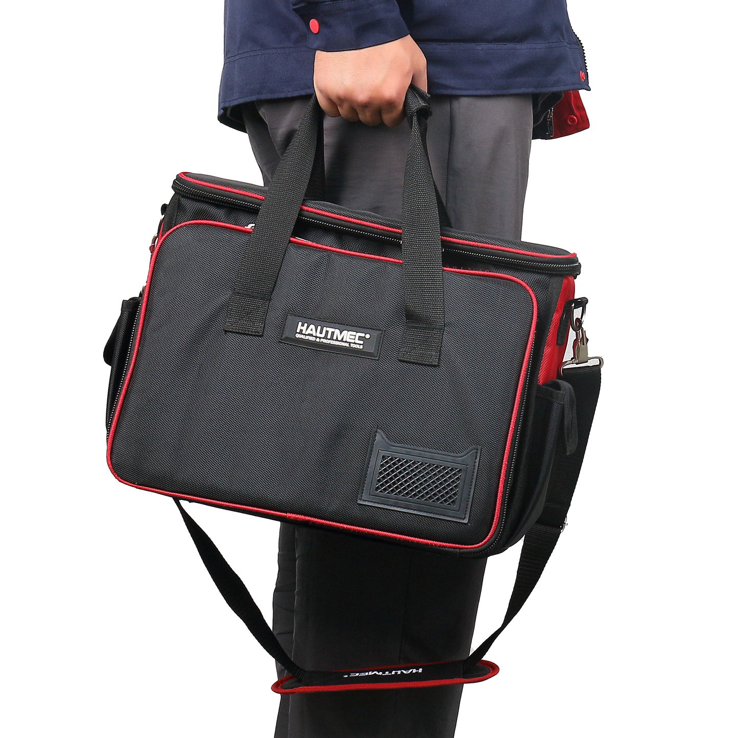 HAUTMEC Heavy-Duty Tool Bag for Electricians & Technicians, 42-Pocket Work Tool Case with Laptop Compartment, 1680D Water-resistant Nylon, Adjustable Shoulder Strap, HT0408-TB