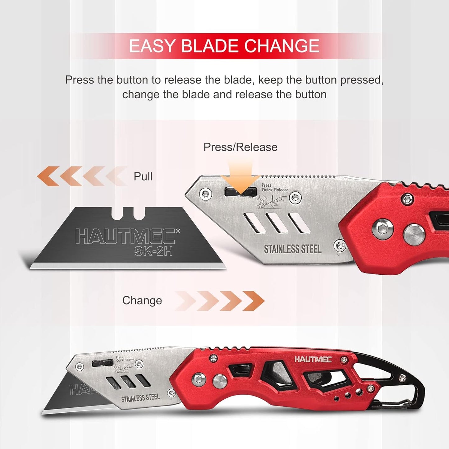 HAUTMEC Folding Utility Knife, Box Cutter with 10pcs SK2H Razor Blades, Heavy Duty Aluminium Alloy Pocket Knife with Belt Clip and Carabiner, Quick Change Blades and Safety Locking Design, HT0263-KN