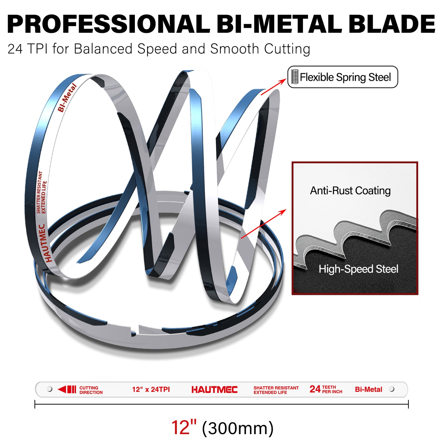 HAUTMEC 12" Fast Tension Hacksaw with Extra 5 HSS Blades, Heavy-Duty Aluminum Frame, Quick-Change Tension, Blade Storage, Pro Hack Saw with Dual Cutting Angles for Metal, PVC, Wood - HTHSH25034