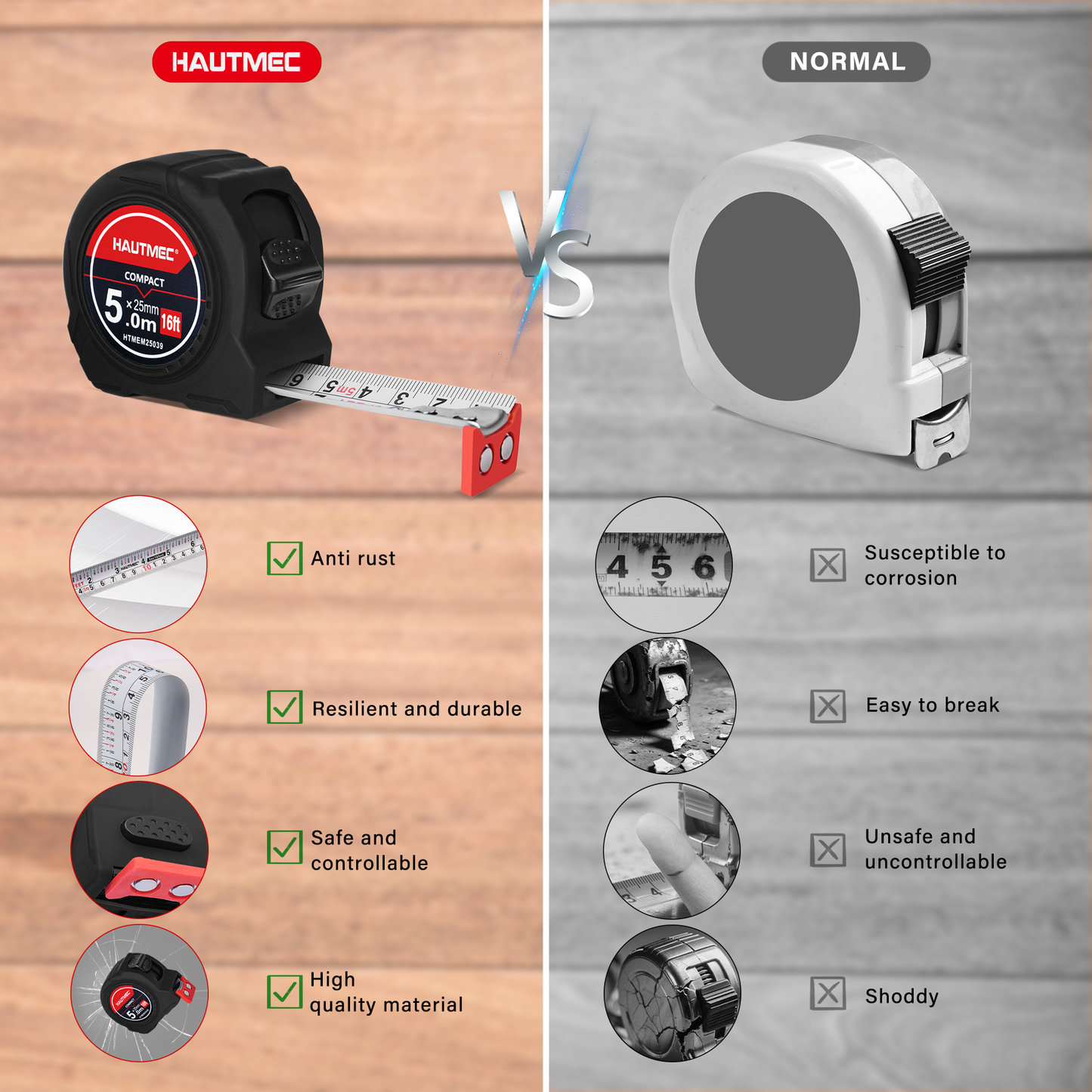 HAUTMEC 6 Pack Compact Tape Measures 16FT/5M, Heavy-Duty Tapes in Bulk with 1/8 Fractions, Rubberd Magnetic Hook and Double Lock Mechanism, HTMEM25039