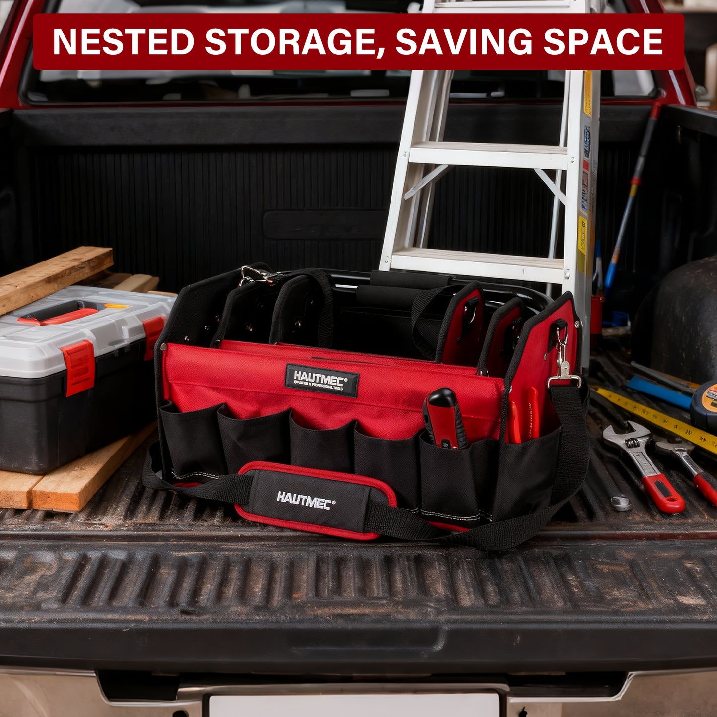 HAUTMEC 3PCS Heavy Duty Tool Tote Bag Set, 1680D Rigid Frame Tool Bags with Foldable Handle & Padded Shoulder Strap, Water-Resistant Hard Base, Multi-Pocket Tool Box Organizer – HTTBH25052