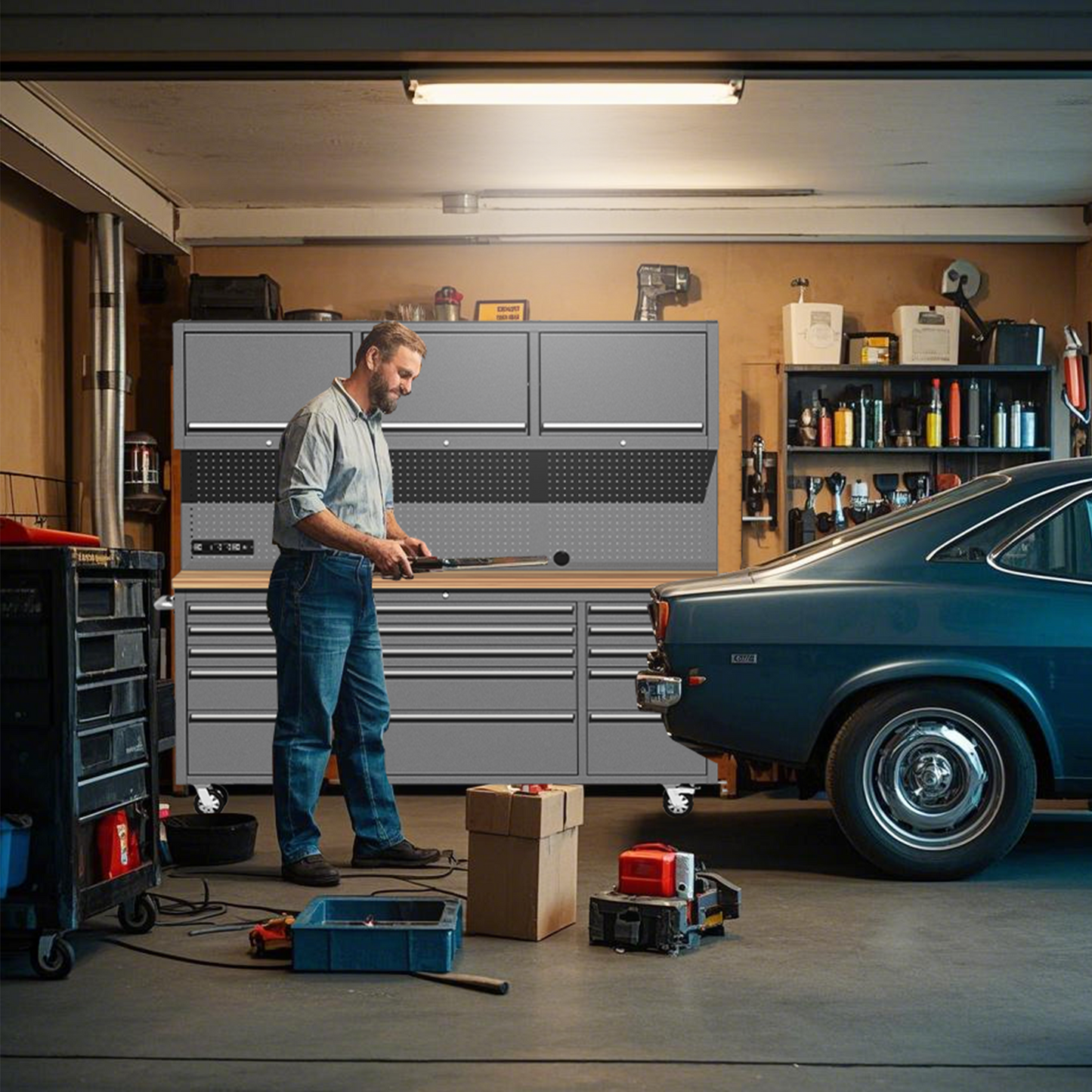 HAUTMEC 72-Inch Mobile Workbench, Rolling Tool Box, Heavy-Duty Stainless Steel Tool Cabinet with 51 Pegboard Hooks,15 Drawers, 3 Upper Cabinets, Pegboard, ETL-Certified Power Strip & Oak Work Surface HT0428