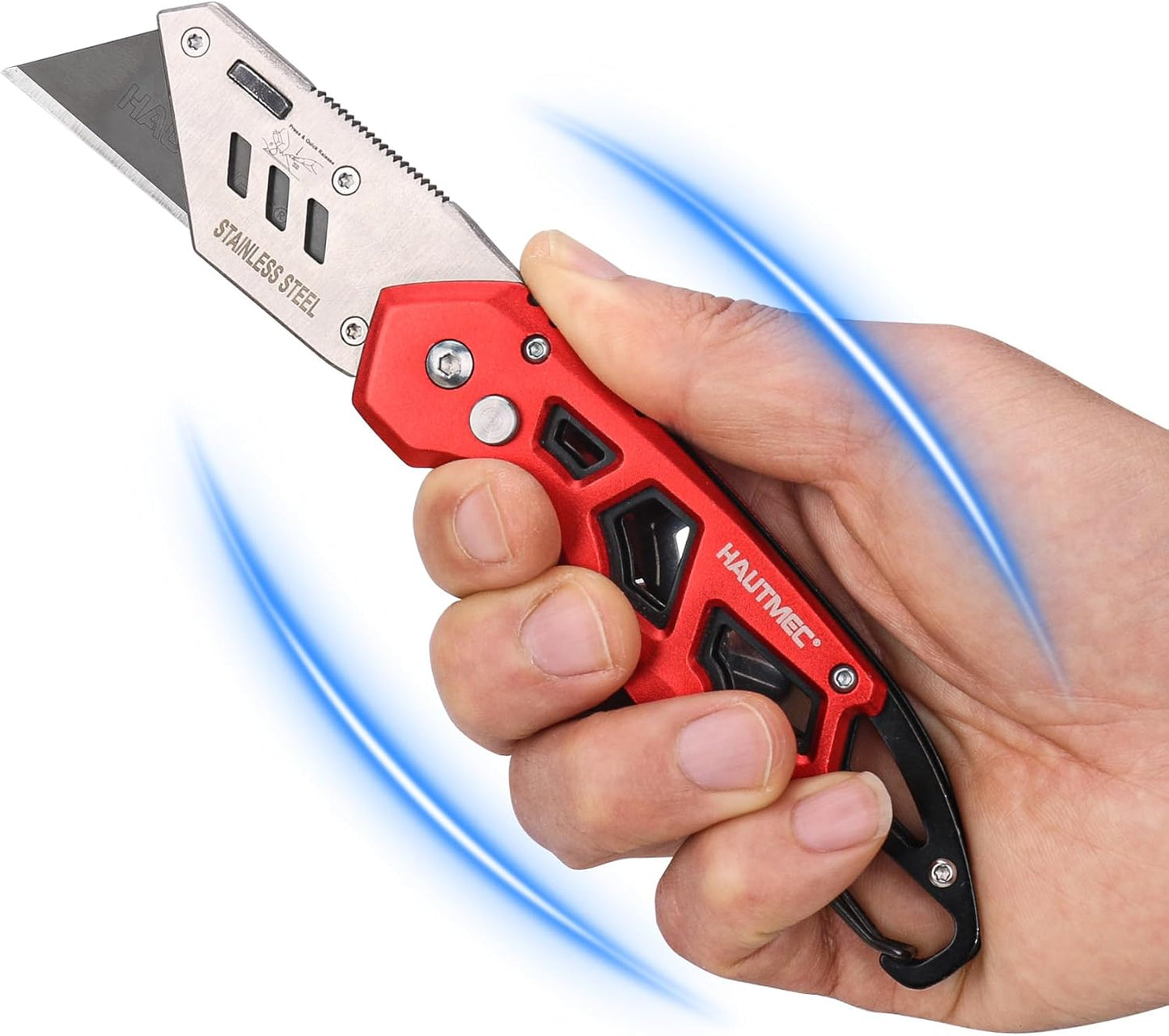 HAUTMEC Folding Utility Knife, Box Cutter with 10pcs SK2H Razor Blades, Heavy Duty Aluminium Alloy Pocket Knife with Belt Clip and Carabiner, Quick Change Blades and Safety Locking Design, HT0263-KN