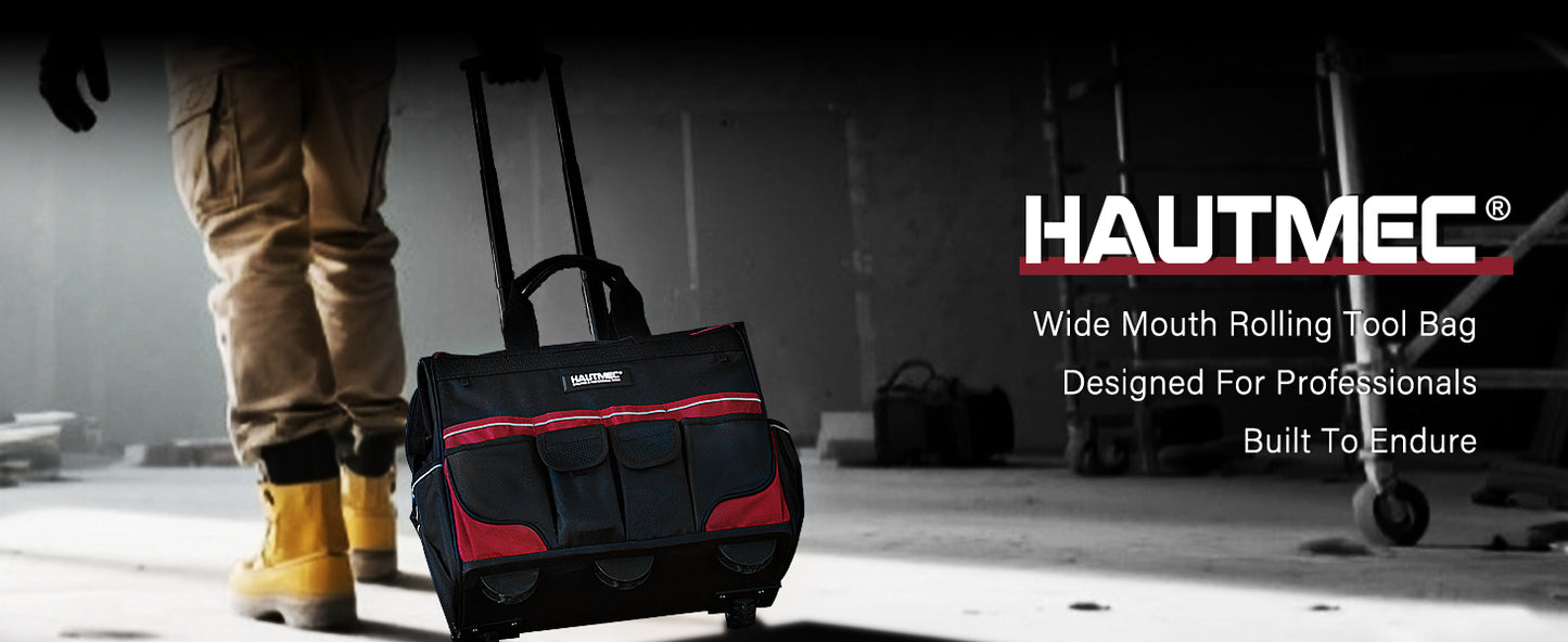 HAUTMEC 18" Rolling Tool Bag with Wheels, 23-Pocket Portable Tool Box Organizer with 600D Water-Resistant Fabric, Wide-Mouth Design, Oversized Wheels & Telescoping Handle - HT0059