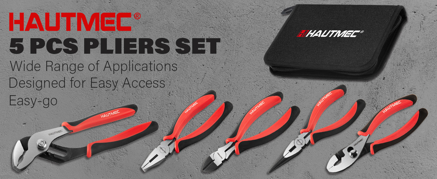 HAUTMEC 5-Piece Bi-Material Pliers Set, Including Slip-joint, Long Nose, Diagonal, Linesman, Groove Joint Pliers, Multi-Purpose for Repair, Home Maintenance, HTPTM25035