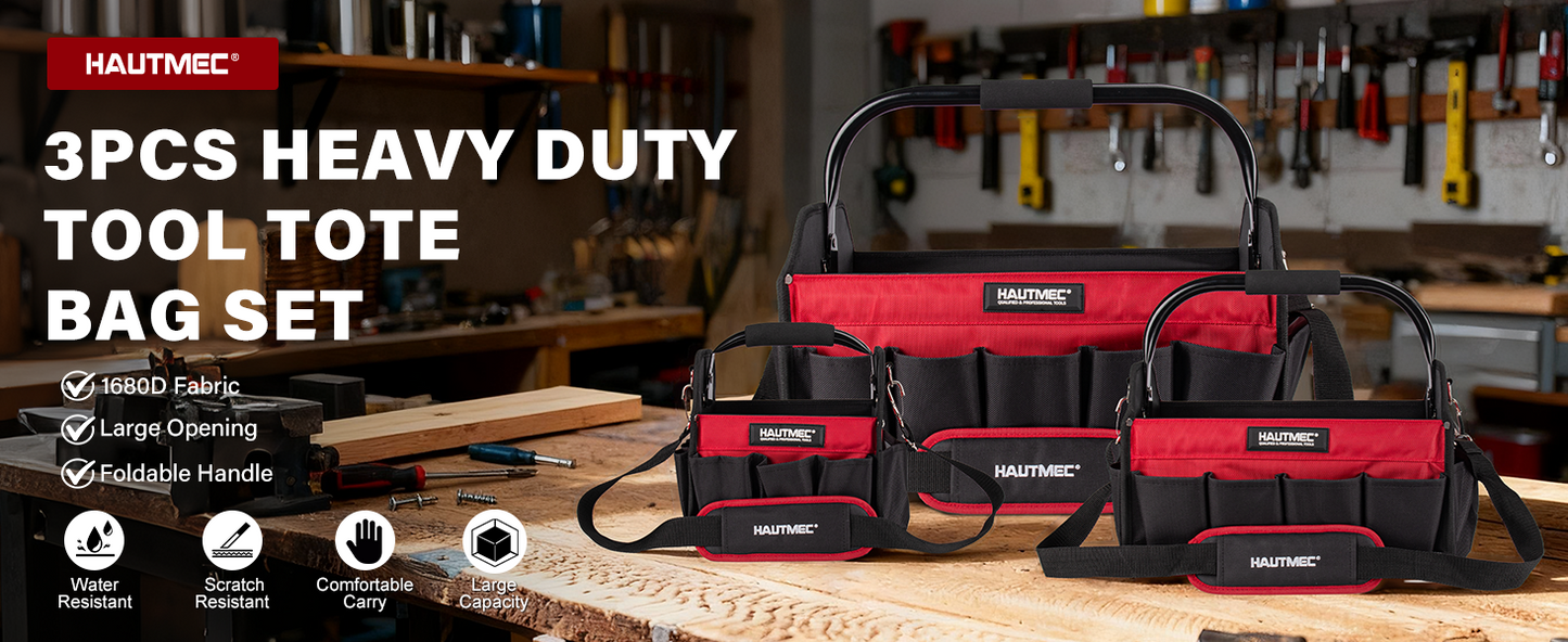 HAUTMEC 3PCS Heavy Duty Tool Tote Bag Set, 1680D Rigid Frame Tool Bags with Foldable Handle & Padded Shoulder Strap, Water-Resistant Hard Base, Multi-Pocket Tool Box Organizer – HTTBH25052