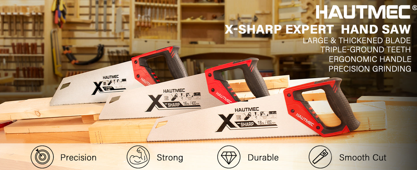 HAUTMEC 14-Inch X-Sharp Pro Hand Saw, Universal Wood Saw with 12 TPI Triple Ground Teeth, Thickened Carbon Steel Blade & Ergonomic Handle, Multi-Use Handsaw for Wood, Plastic, Drywall, PVC – HT0295