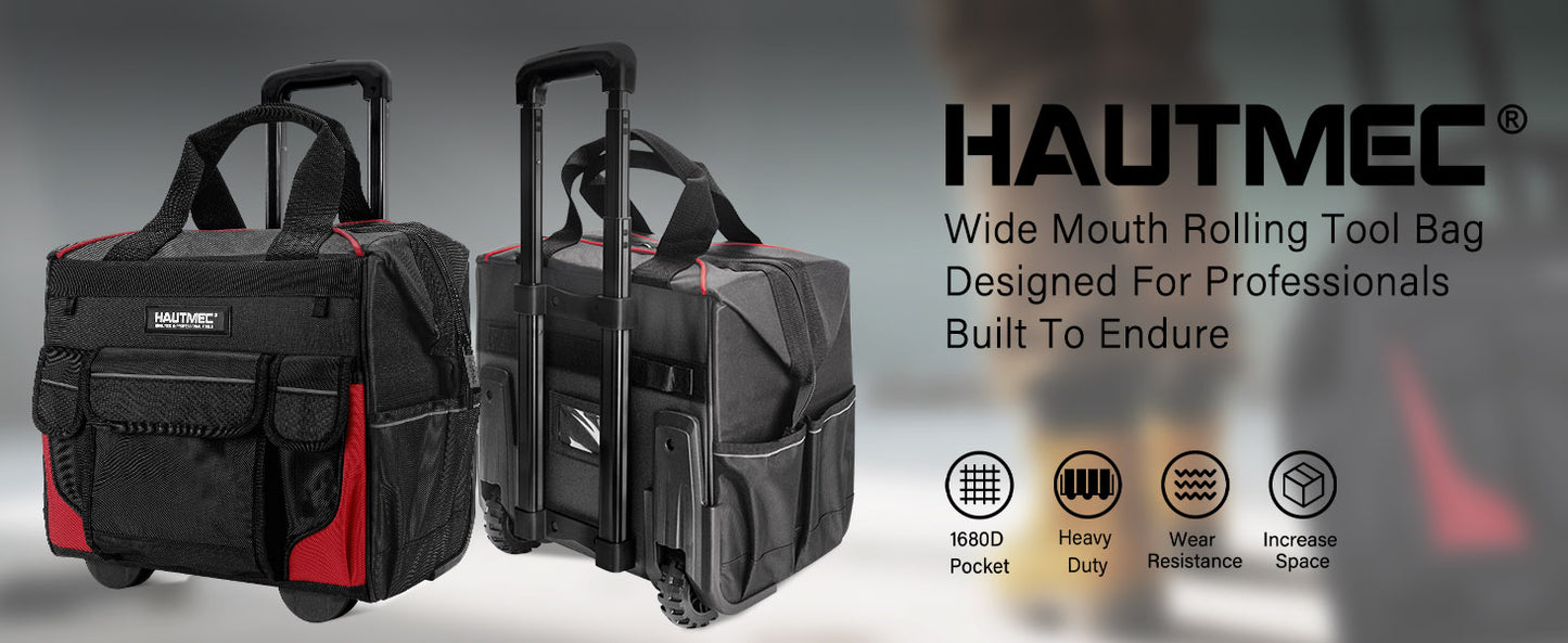 HAUTMEC 14.5" Rolling Tool Bag with Wheels, 25-Pocket Portable Tool Box Organizer with 600D Water-Resistant Fabric, Wide-Mouth Design, Oversized Wheels & Telescoping Handle - HT0179