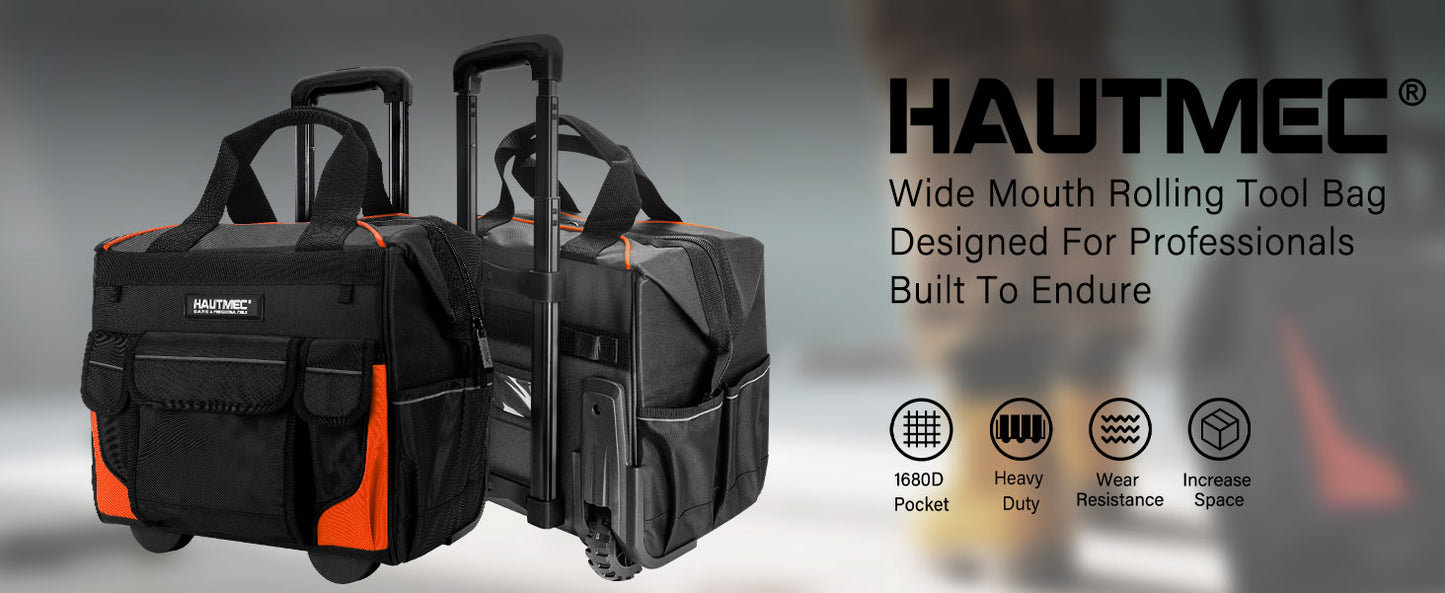 HAUTMEC 14.5" Rolling Tool Bag With Wheels Portable Tool Bag With Adjustable Telescoping Handle Wide Mouth Storage Organizer Perfect Mens Gifts, 600D Orange,HT0353