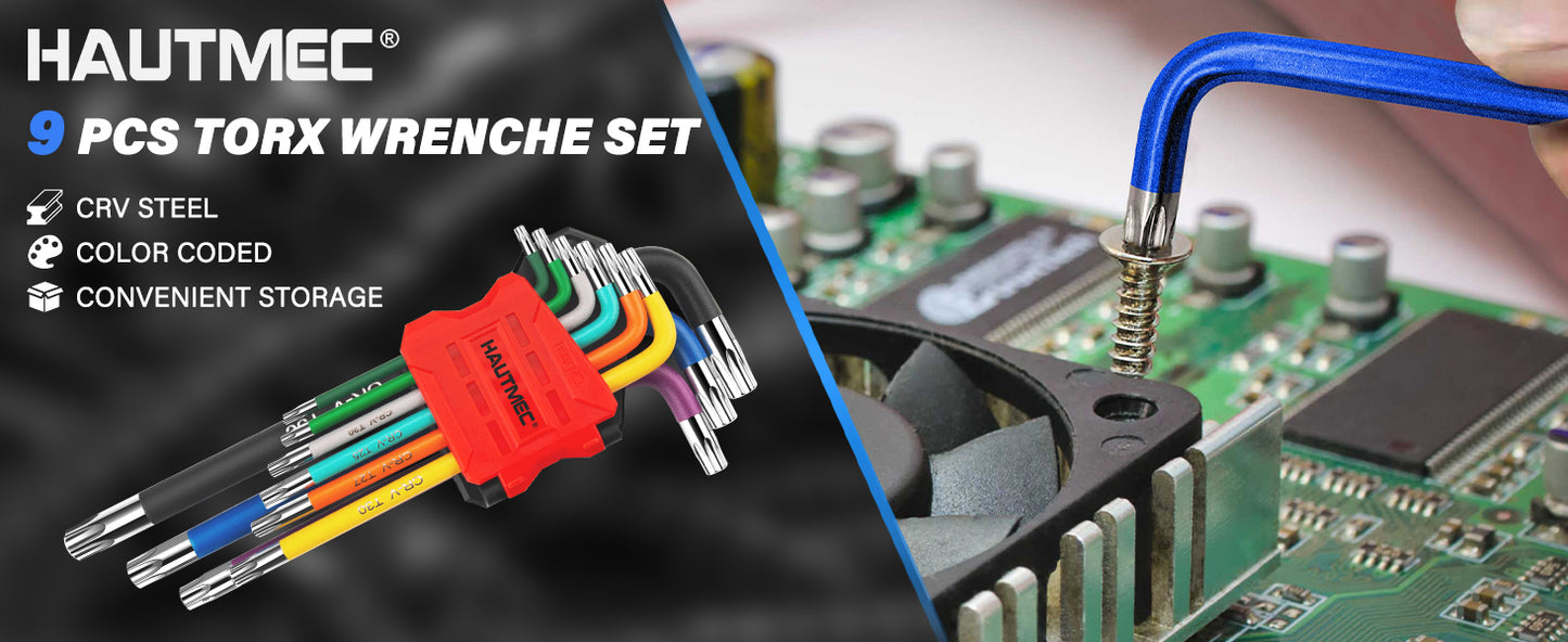 HAUTMEC Torx Allen Wrench Set, 9PCS Star Allen Key Set, T10-T50 Star Allan Wrench Sets with Visible Coding, CR-V Steel, Drilled Tips & Non-Slip Colorful Handles for Automotive, Bike, Furniture Repair HTHKH25042